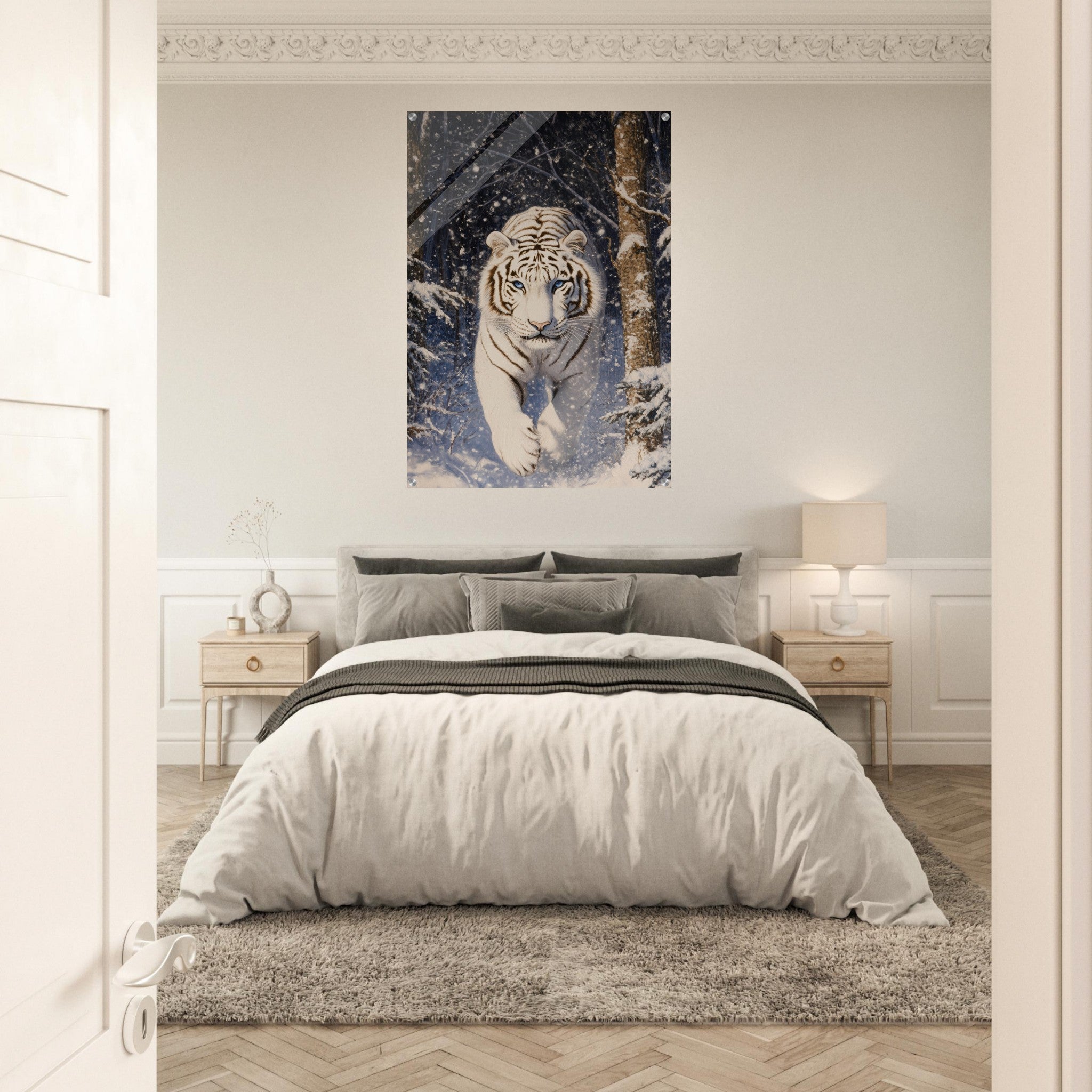 Acrylic Print Portrait - Majestic White Tiger in a Snowy Forest A powerful - Shop Ai Art WebShop - Digital Art online Store
