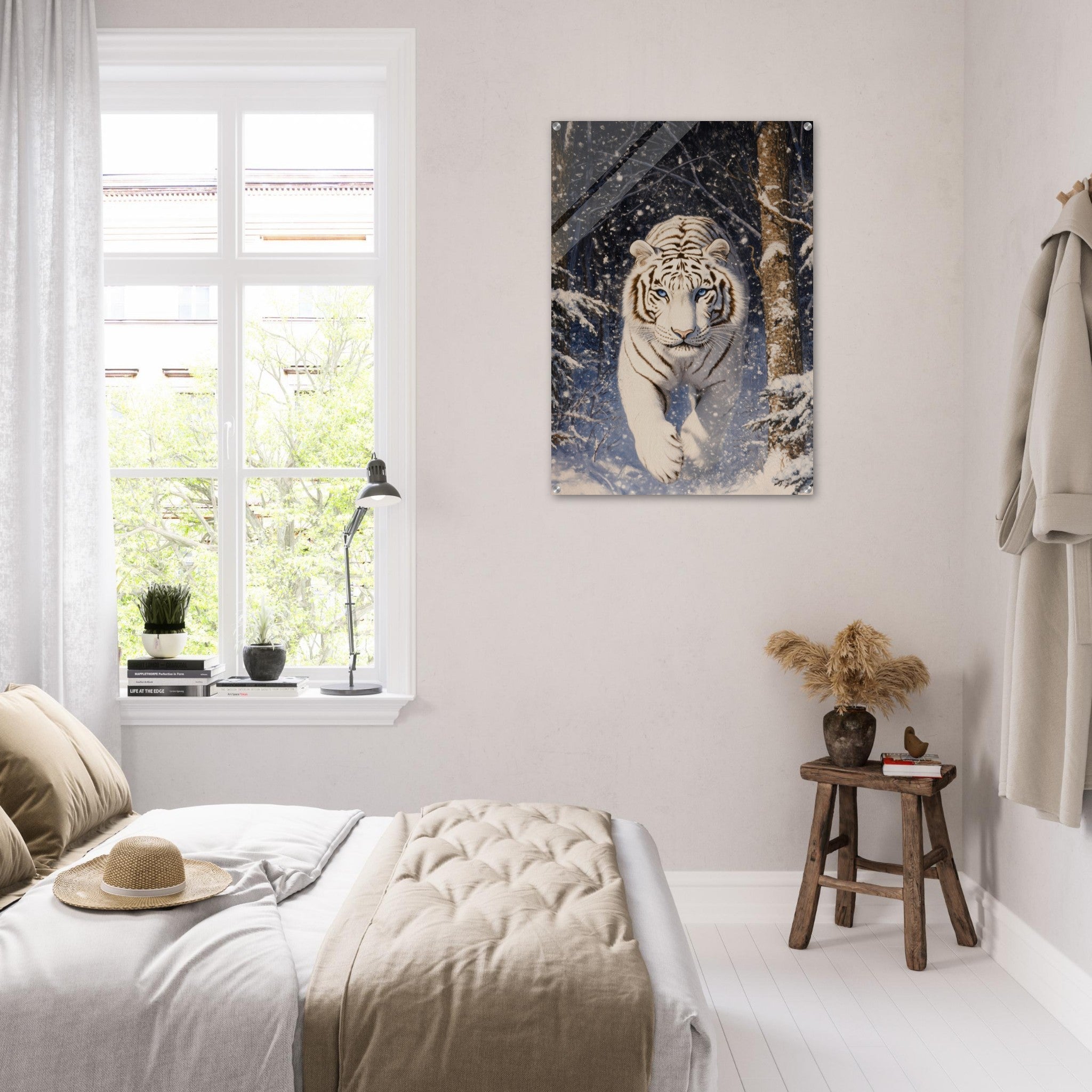 Acrylic Print Portrait - Majestic White Tiger in a Snowy Forest A powerful - Shop Ai Art WebShop - Digital Art online Store