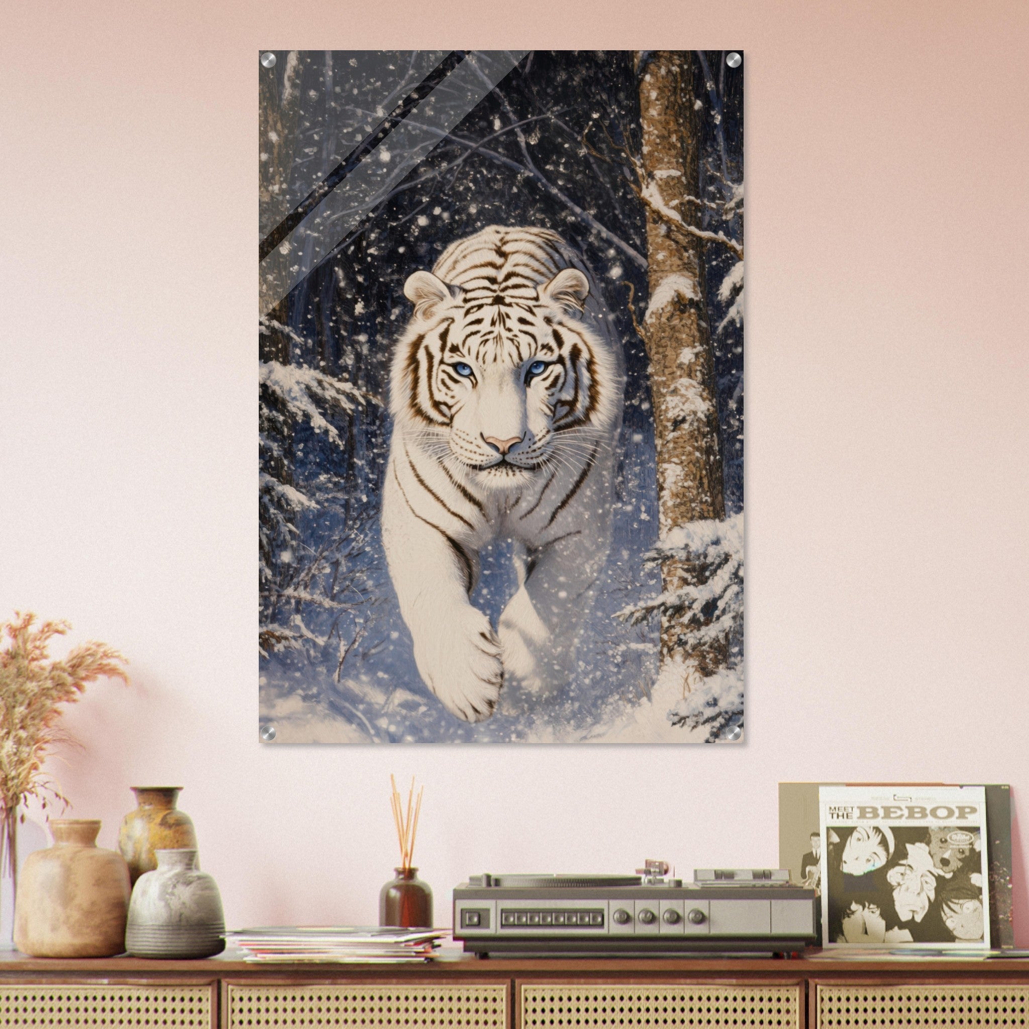 Acrylic Print Portrait - Majestic White Tiger in a Snowy Forest A powerful - Shop Ai Art WebShop - Digital Art online Store