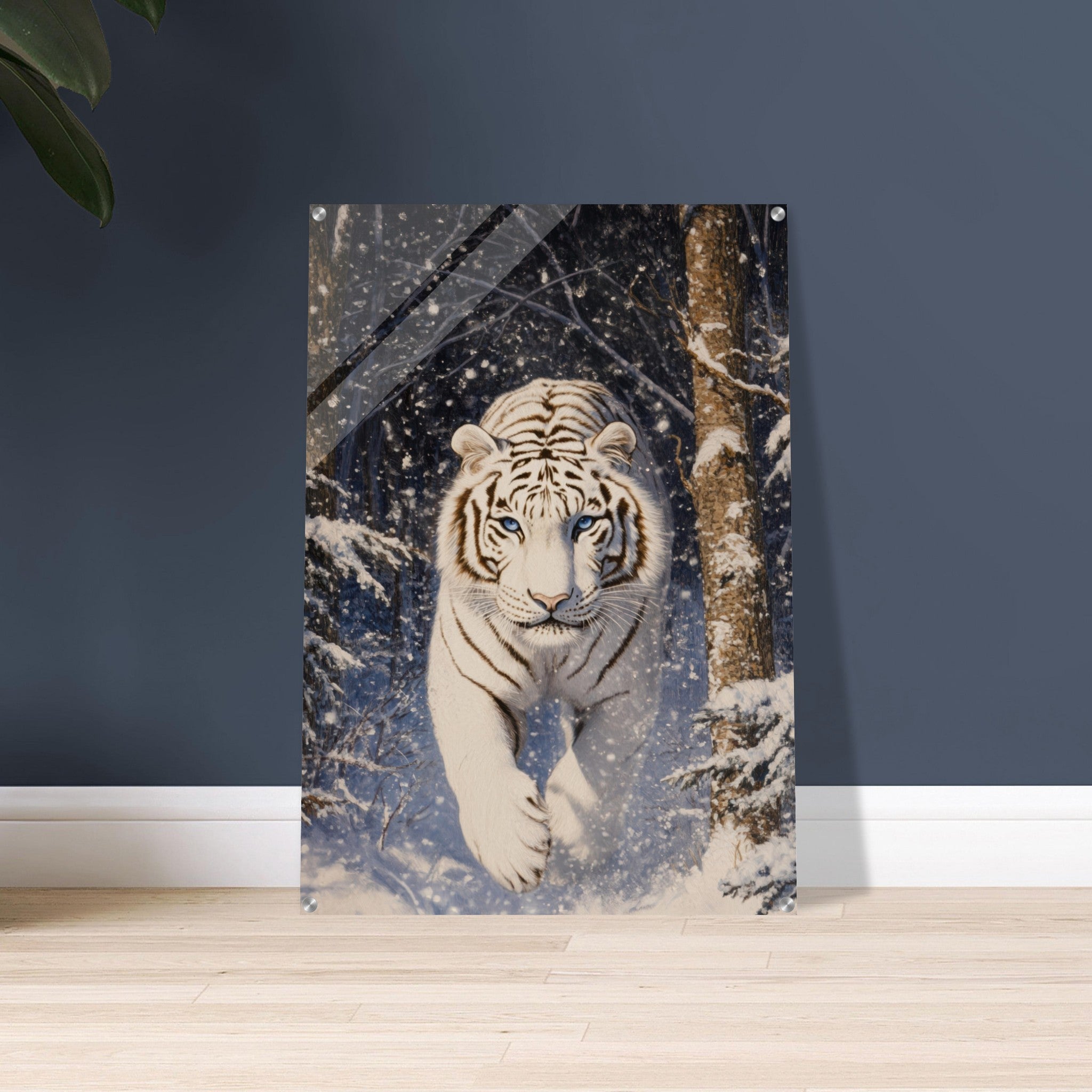 Acrylic Print Portrait - Majestic White Tiger in a Snowy Forest A powerful - Shop Ai Art WebShop - Digital Art online Store