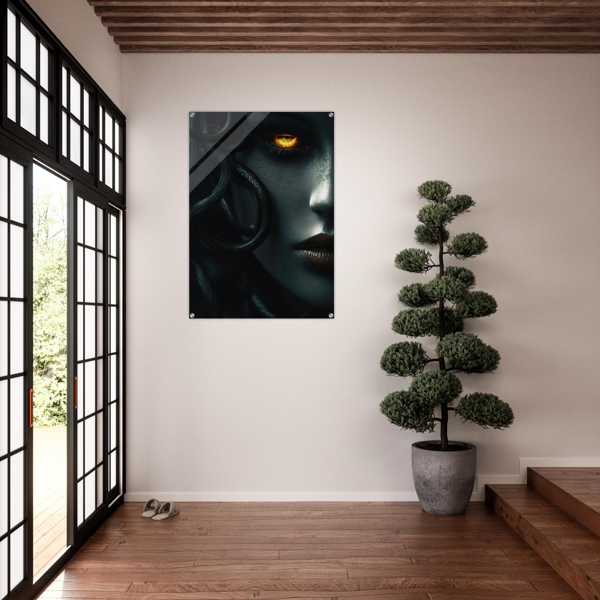 Acrylic Print Portrait - Minimalist Medusas Gaze Minimalism Tight - Focus - Shop Ai Art WebShop - Digital Art online Store