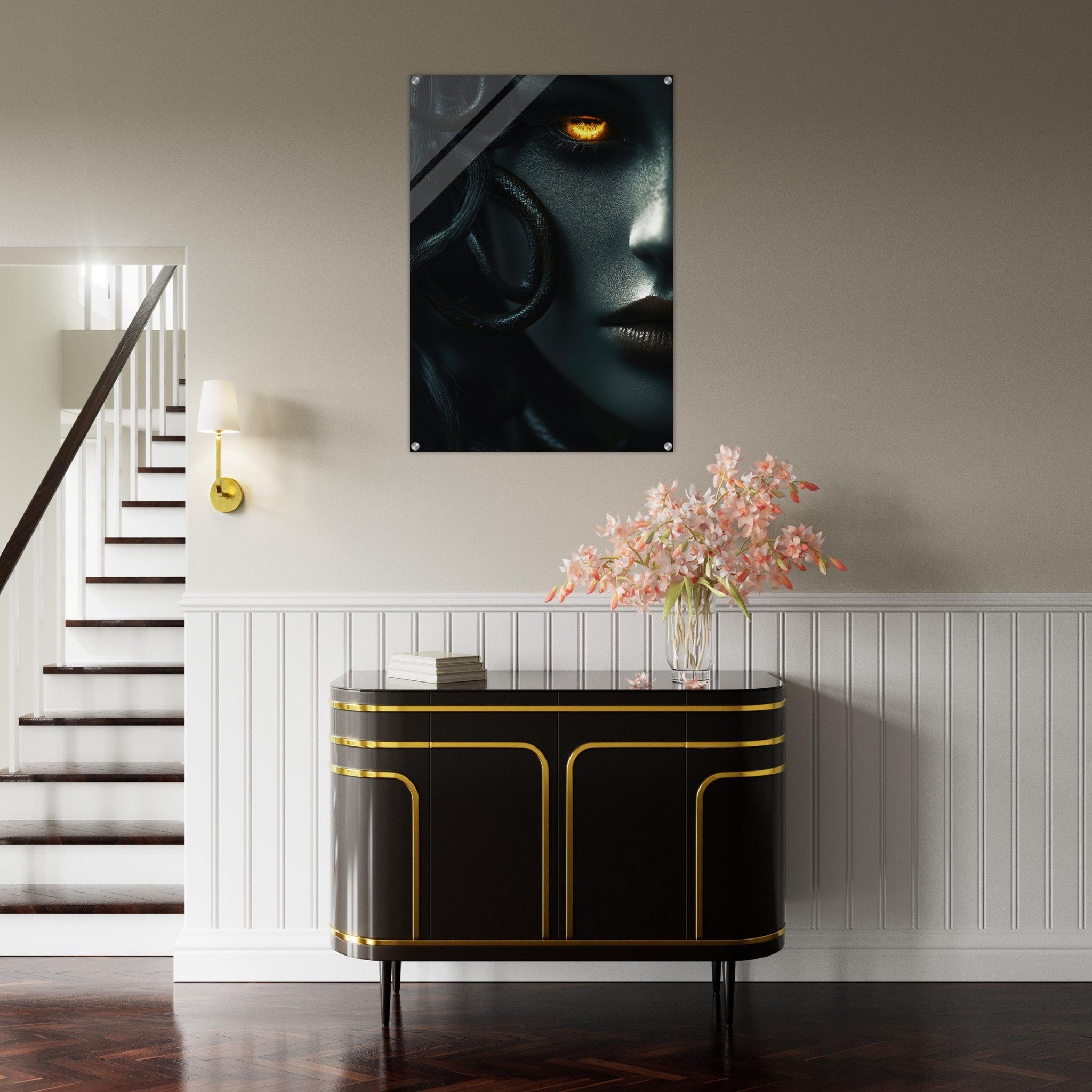 Acrylic Print Portrait - Minimalist Medusas Gaze Minimalism Tight - Focus - Shop Ai Art WebShop - Digital Art online Store