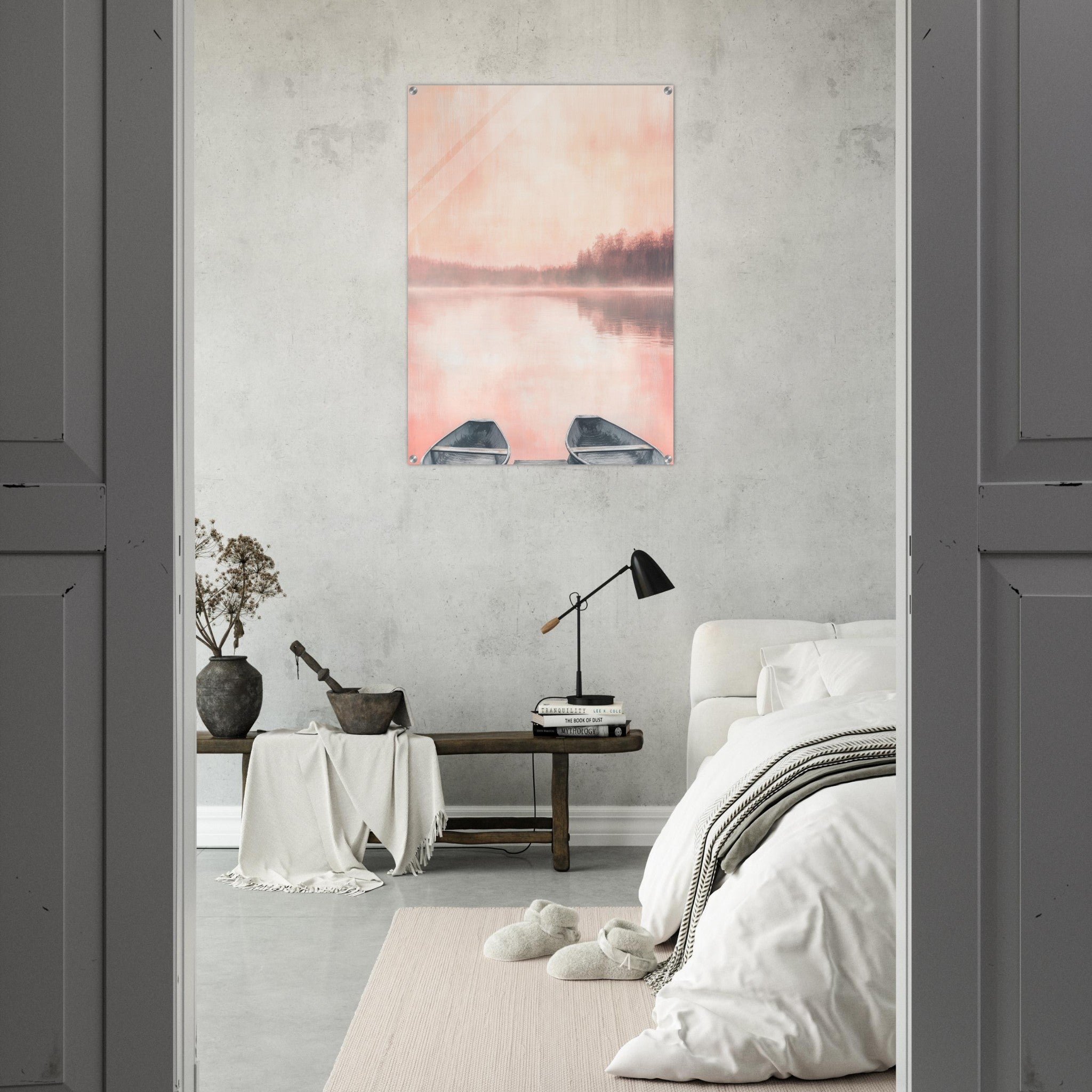 Acrylic Print Portrait - Serene Lake with Rowboats A tranquil lake - Shop Ai Art WebShop - Digital Art online Store