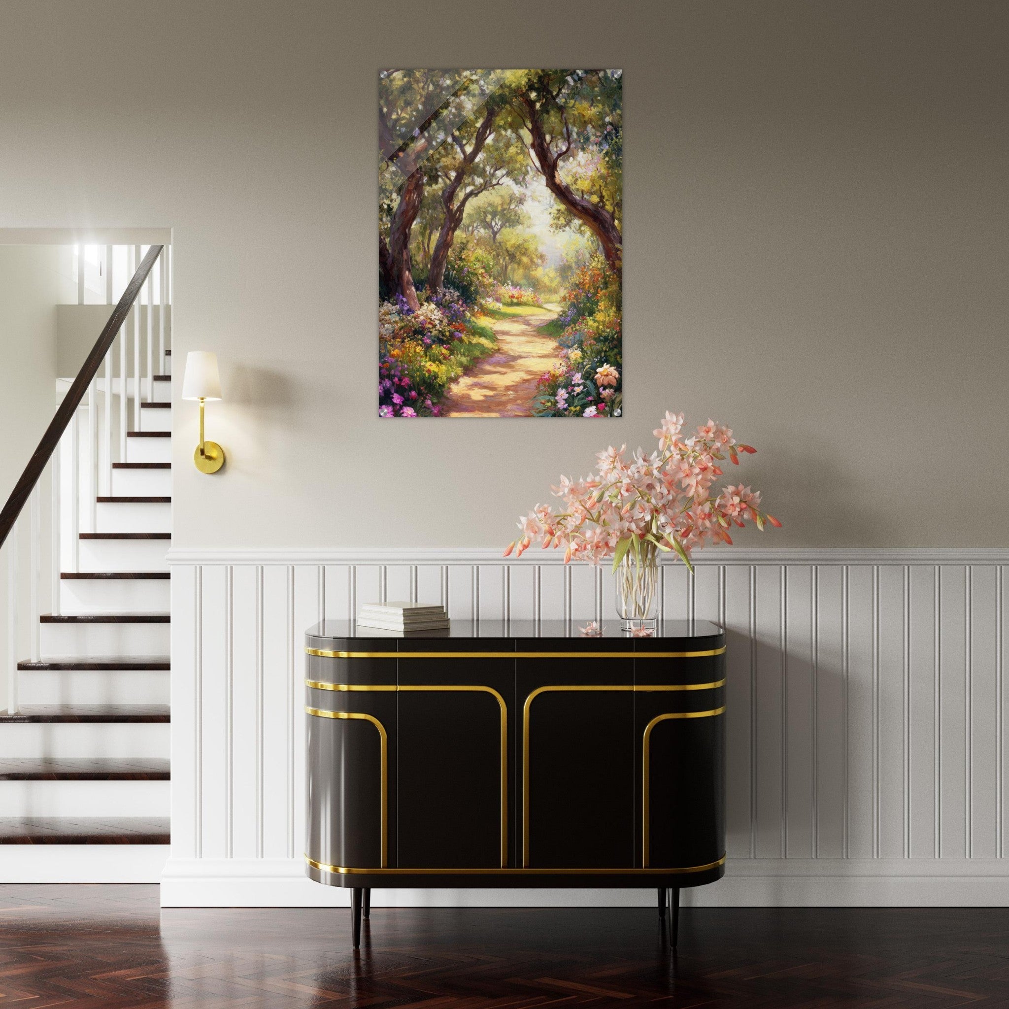 Acrylic Print Portrait - Sunlit Garden Path A meandering pathway through 2 - Shop Ai Art WebShop - Digital Art online Store