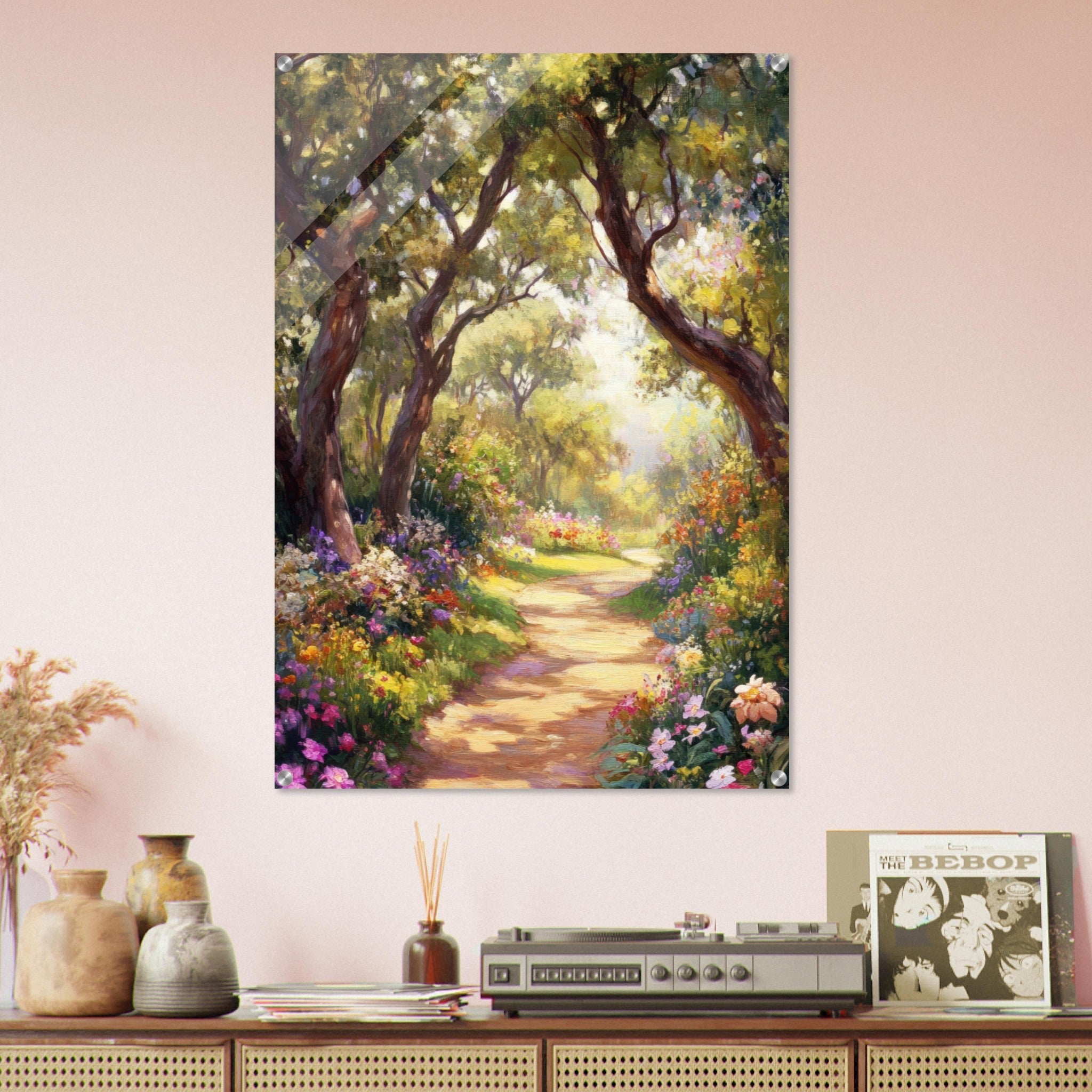 Acrylic Print Portrait - Sunlit Garden Path A meandering pathway through 2 - Shop Ai Art WebShop - Digital Art online Store