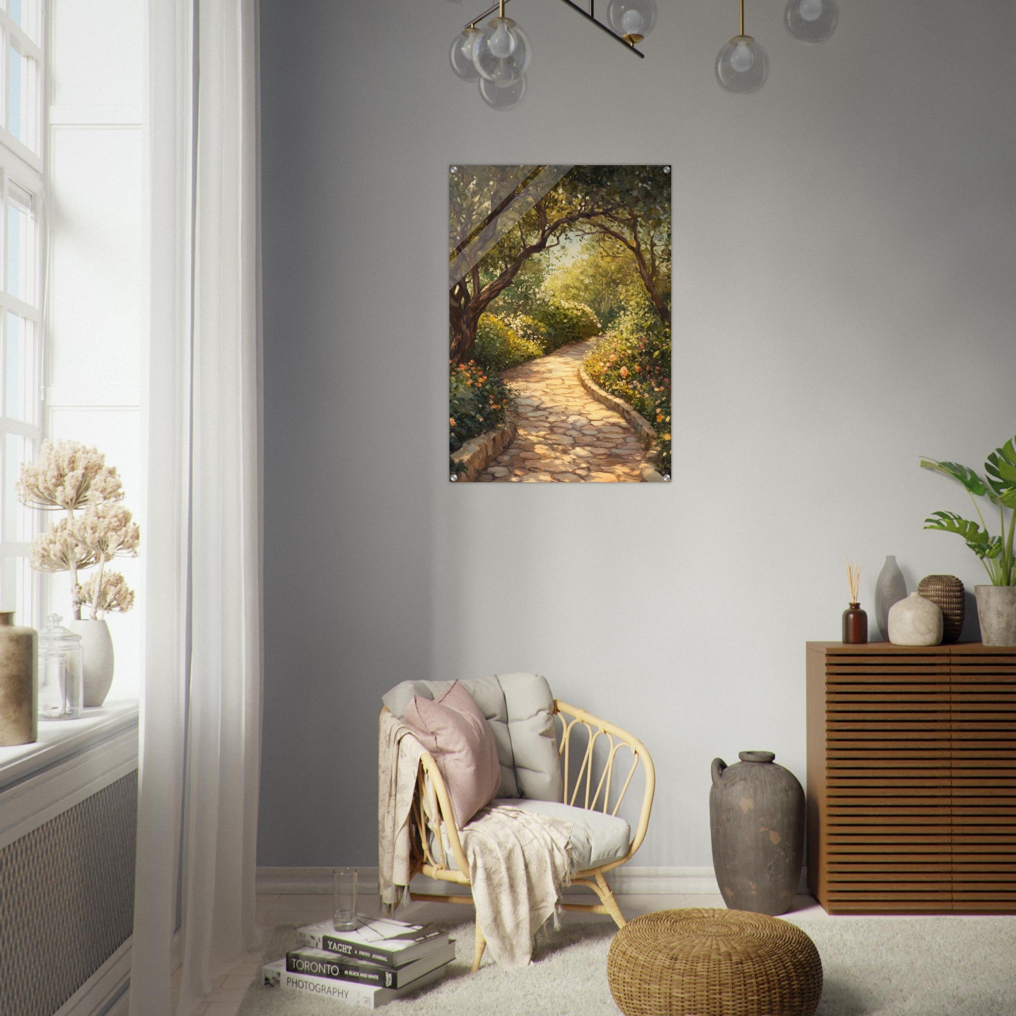 Acrylic Print Portrait - Sunlit Garden Path A meandering pathway through - Shop Ai Art WebShop - Digital Art online Store