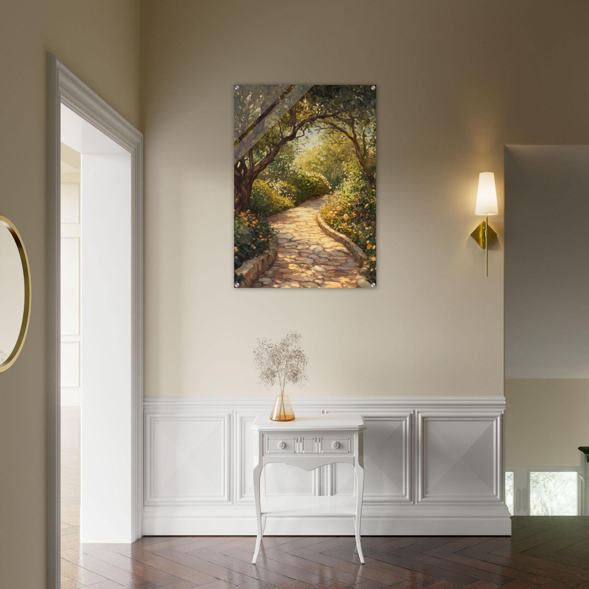 Acrylic Print Portrait - Sunlit Garden Path A meandering pathway through - Shop Ai Art WebShop - Digital Art online Store