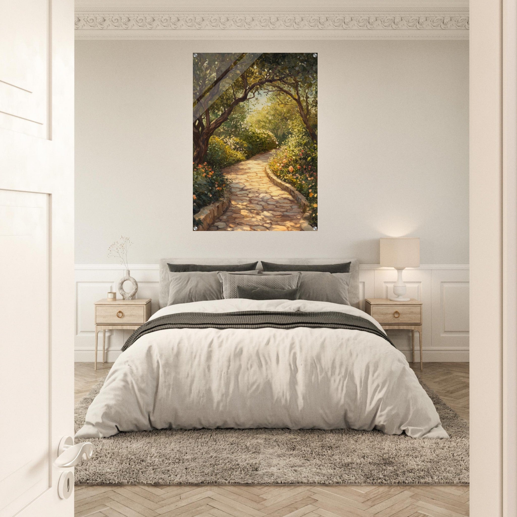 Acrylic Print Portrait - Sunlit Garden Path A meandering pathway through - Shop Ai Art WebShop - Digital Art online Store