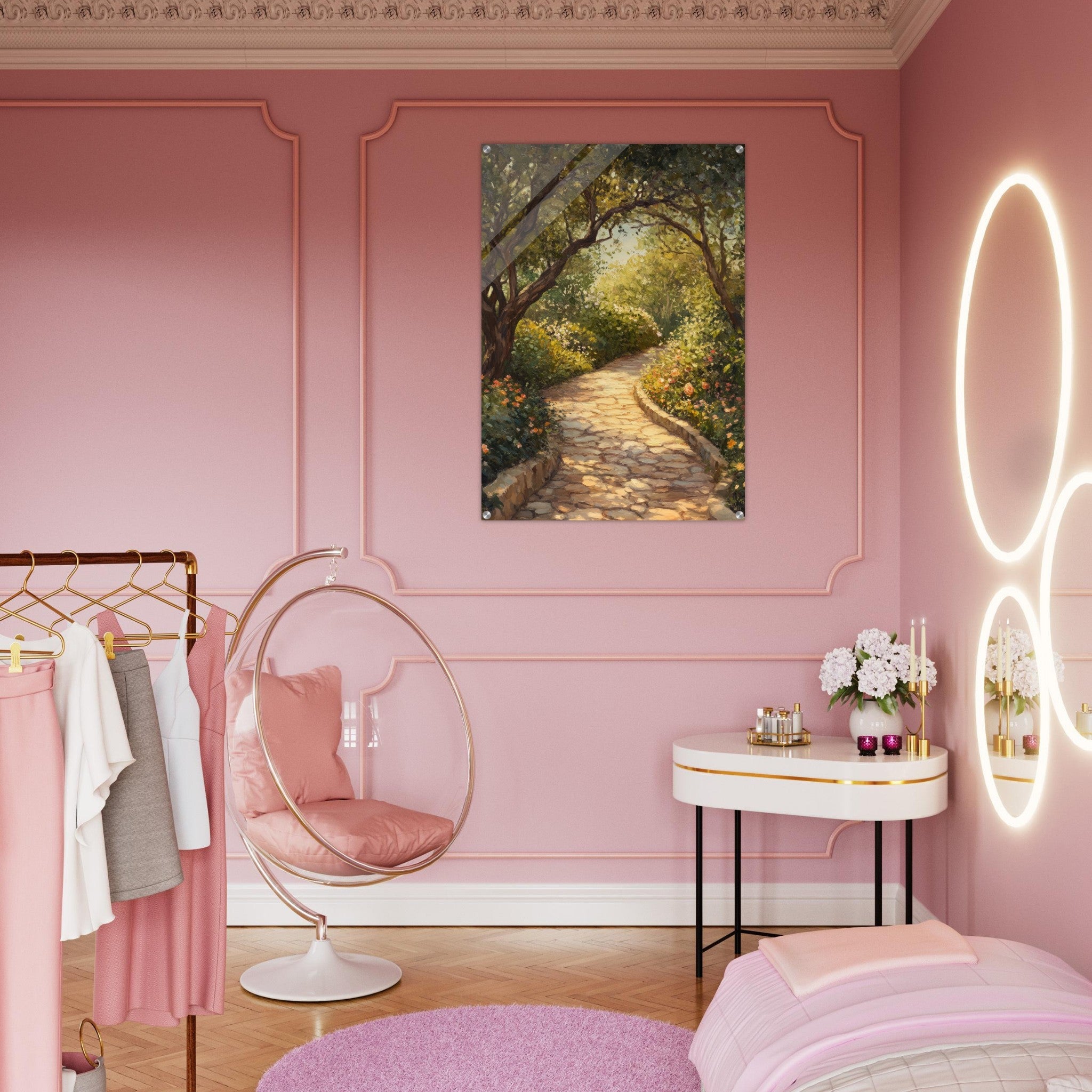 Acrylic Print Portrait - Sunlit Garden Path A meandering pathway through - Shop Ai Art WebShop - Digital Art online Store