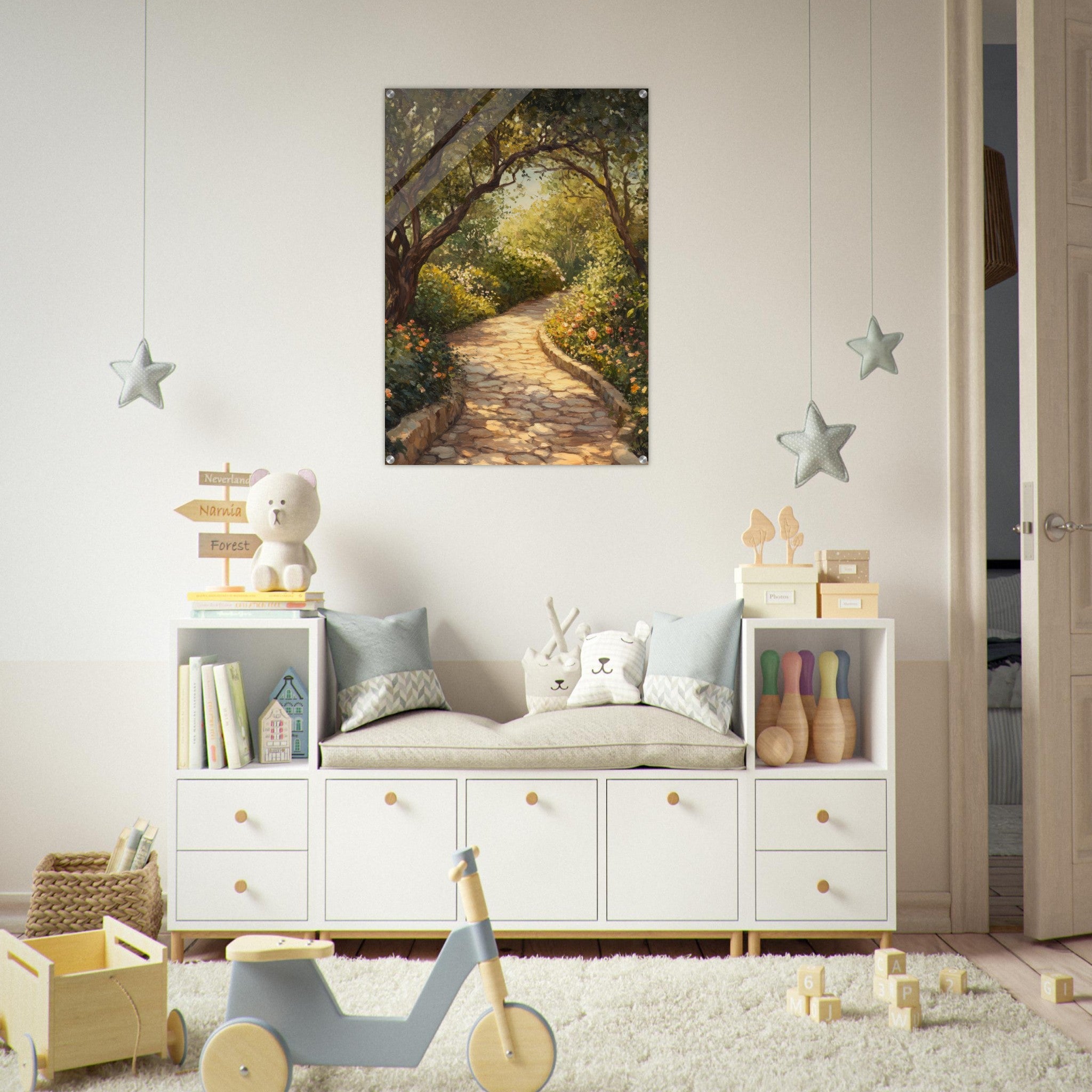 Acrylic Print Portrait - Sunlit Garden Path A meandering pathway through - Shop Ai Art WebShop - Digital Art online Store