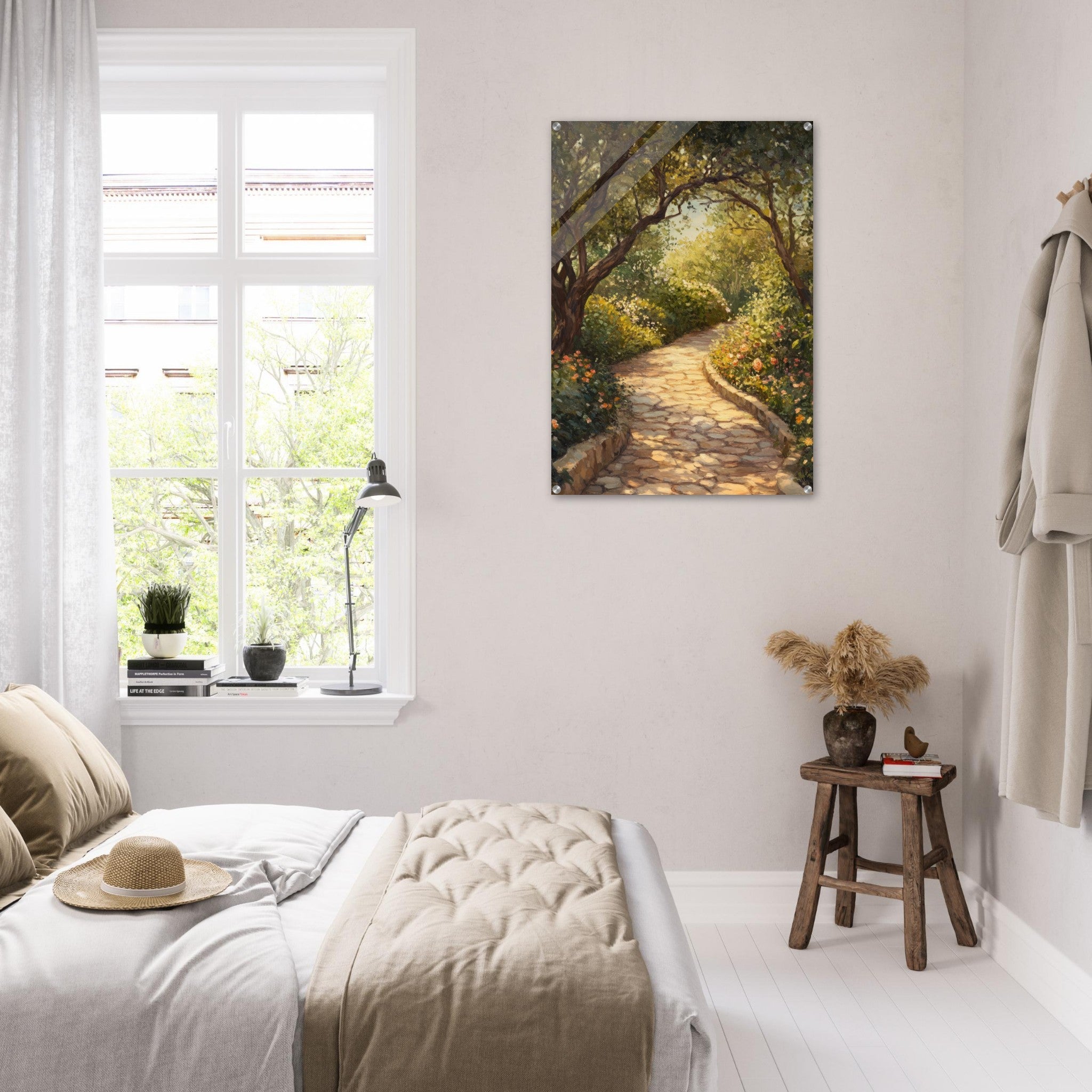 Acrylic Print Portrait - Sunlit Garden Path A meandering pathway through - Shop Ai Art WebShop - Digital Art online Store