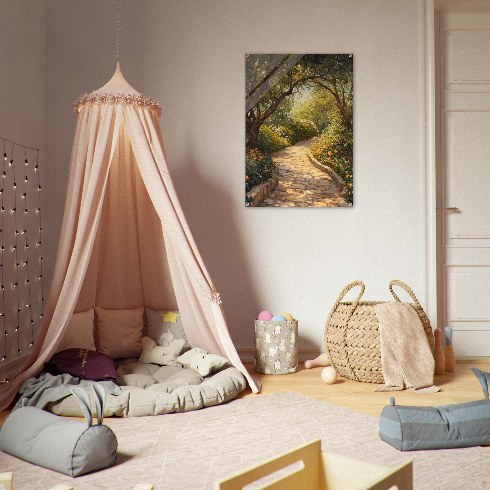 Acrylic Print Portrait - Sunlit Garden Path A meandering pathway through - Shop Ai Art WebShop - Digital Art online Store