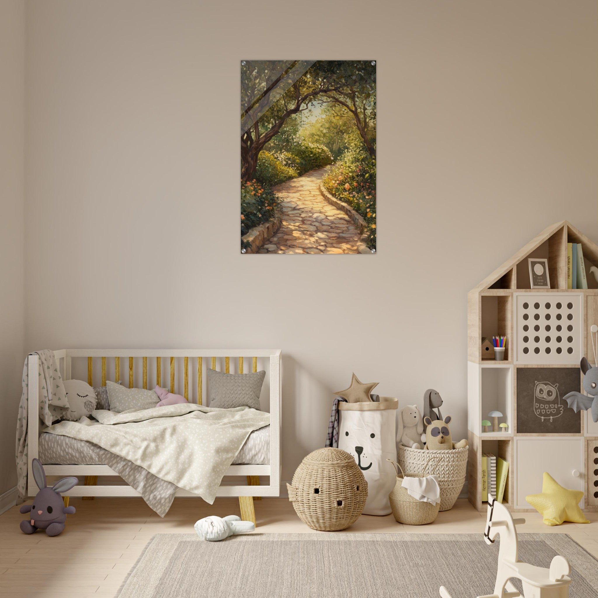 Acrylic Print Portrait - Sunlit Garden Path A meandering pathway through - Shop Ai Art WebShop - Digital Art online Store