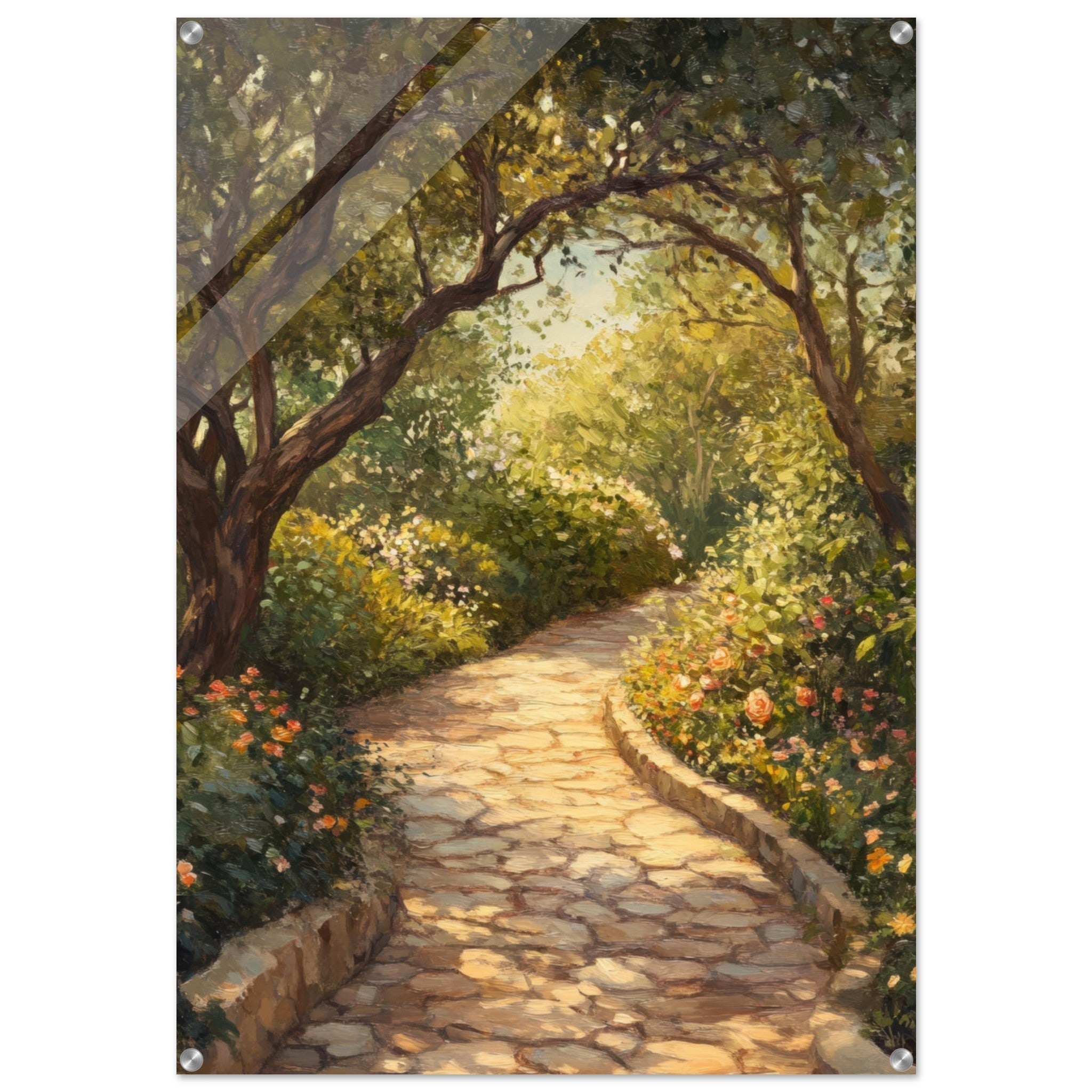 Acrylic Print Portrait - Sunlit Garden Path A meandering pathway through - Shop Ai Art WebShop - Digital Art online Store