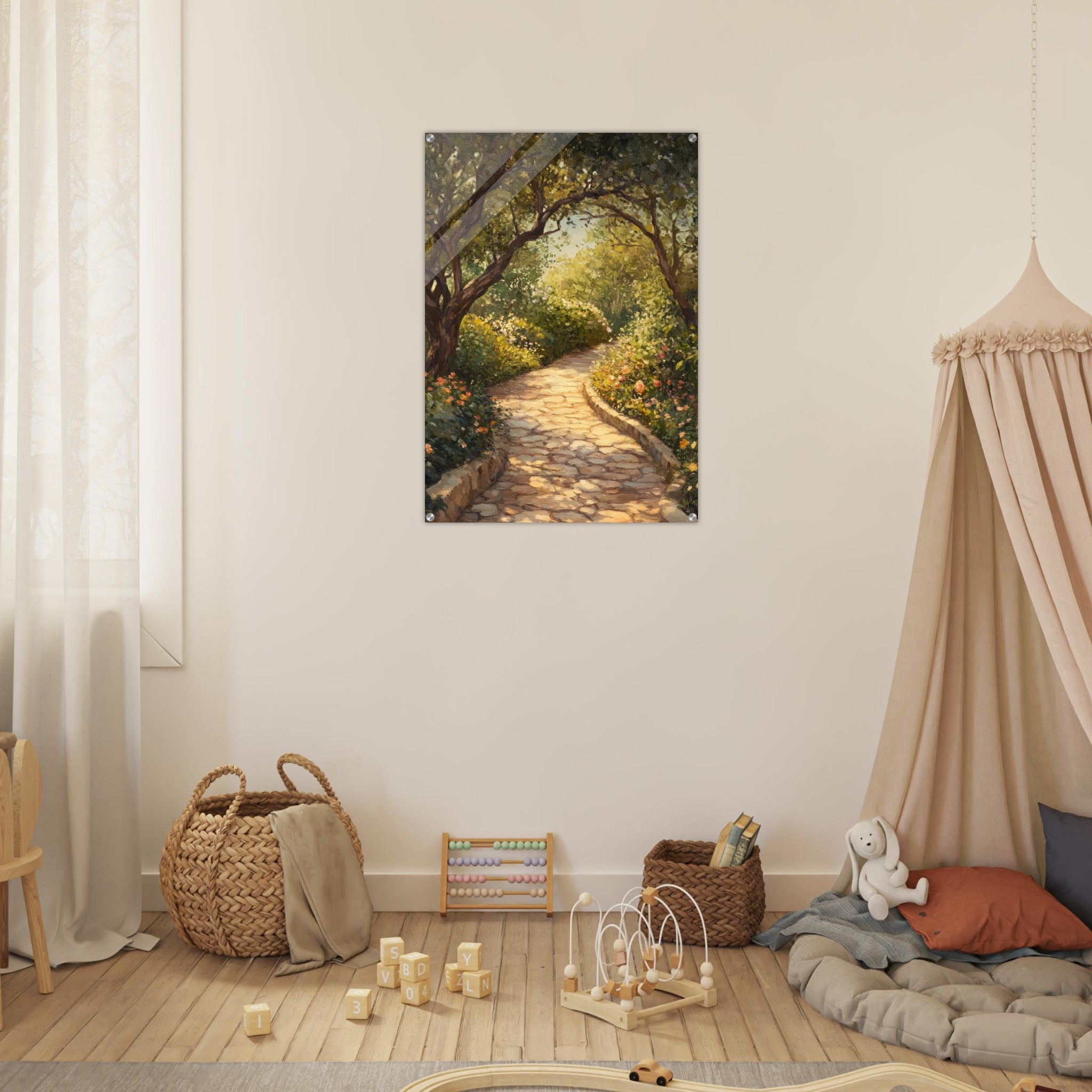Acrylic Print Portrait - Sunlit Garden Path A meandering pathway through - Shop Ai Art WebShop - Digital Art online Store