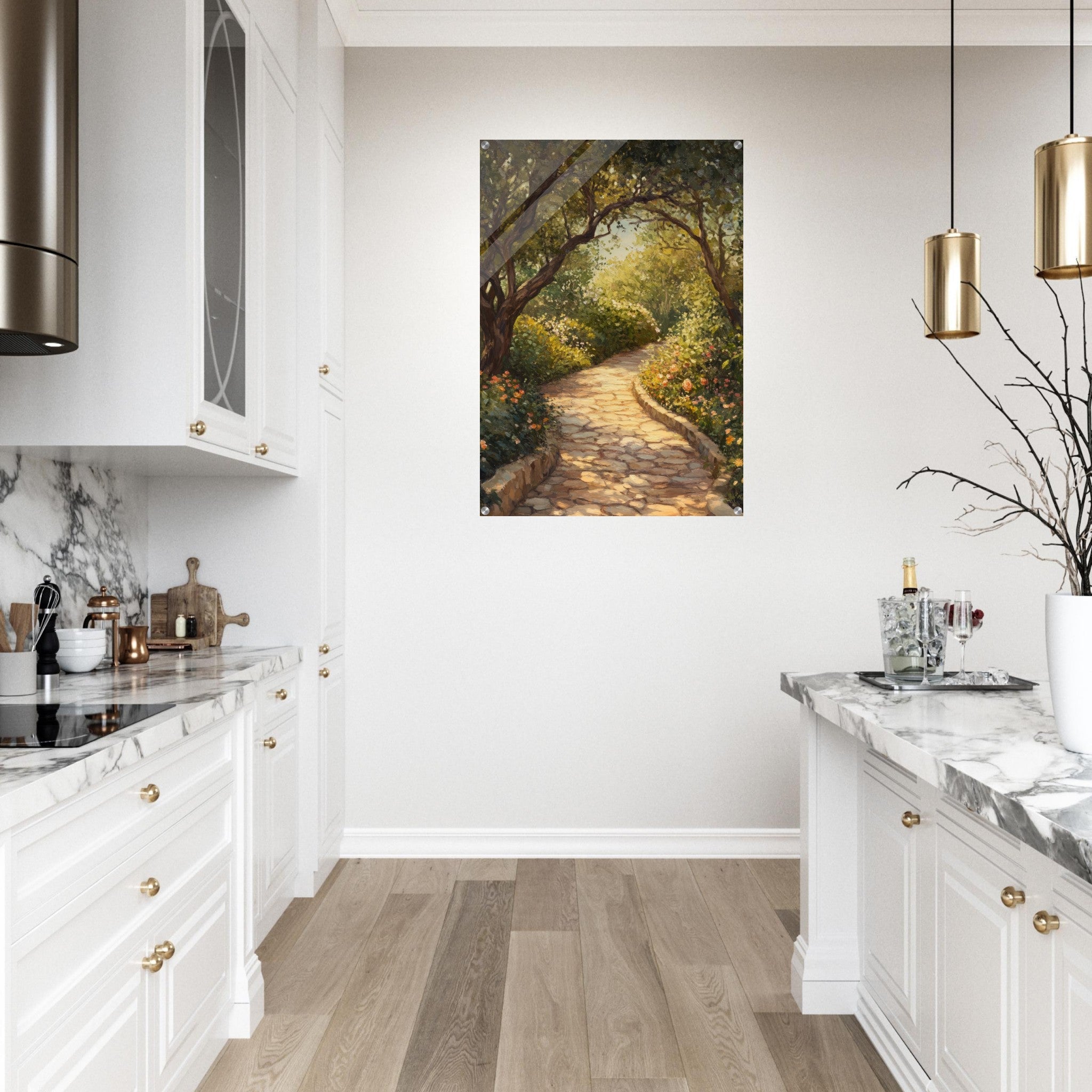 Acrylic Print Portrait - Sunlit Garden Path A meandering pathway through - Shop Ai Art WebShop - Digital Art online Store