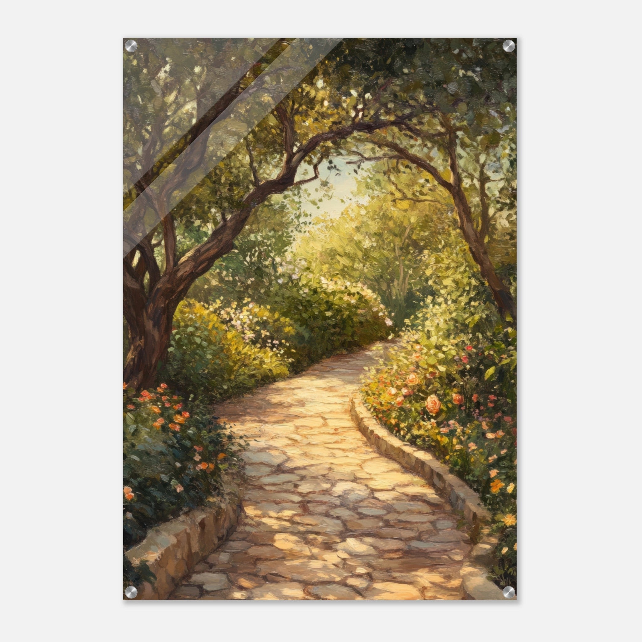 Acrylic Print Portrait - Sunlit Garden Path A meandering pathway through - Shop Ai Art WebShop - Digital Art online Store