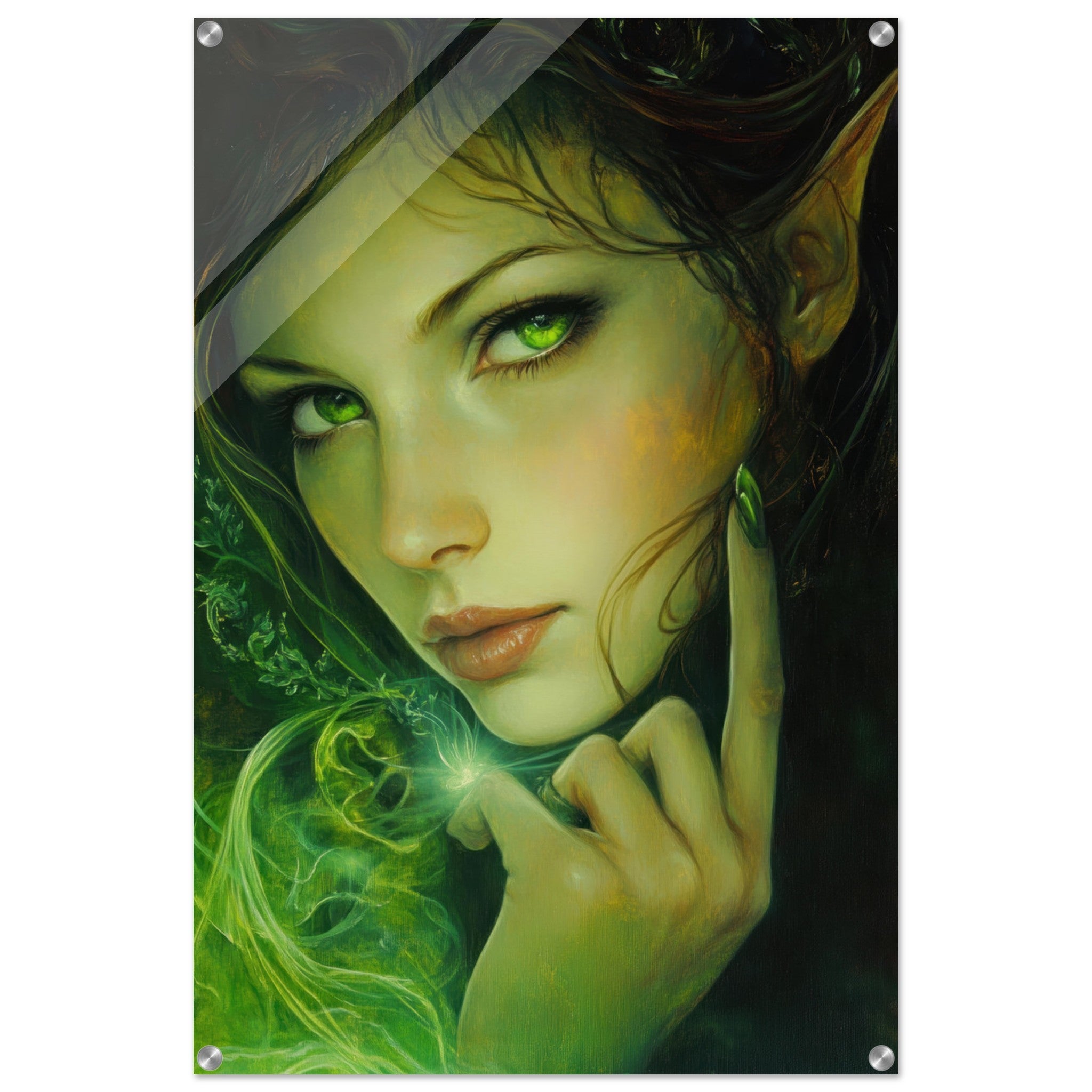 Acrylic Print Portrait - The Fae Sorceress of the Emerald Woods Oil Faint - Shop Ai Art WebShop - Digital Art online Store