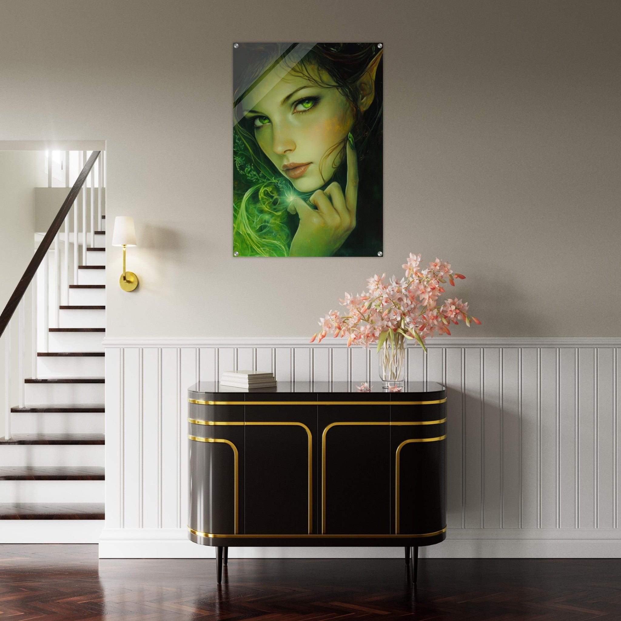 Acrylic Print Portrait - The Fae Sorceress of the Emerald Woods Oil Faint - Shop Ai Art WebShop - Digital Art online Store