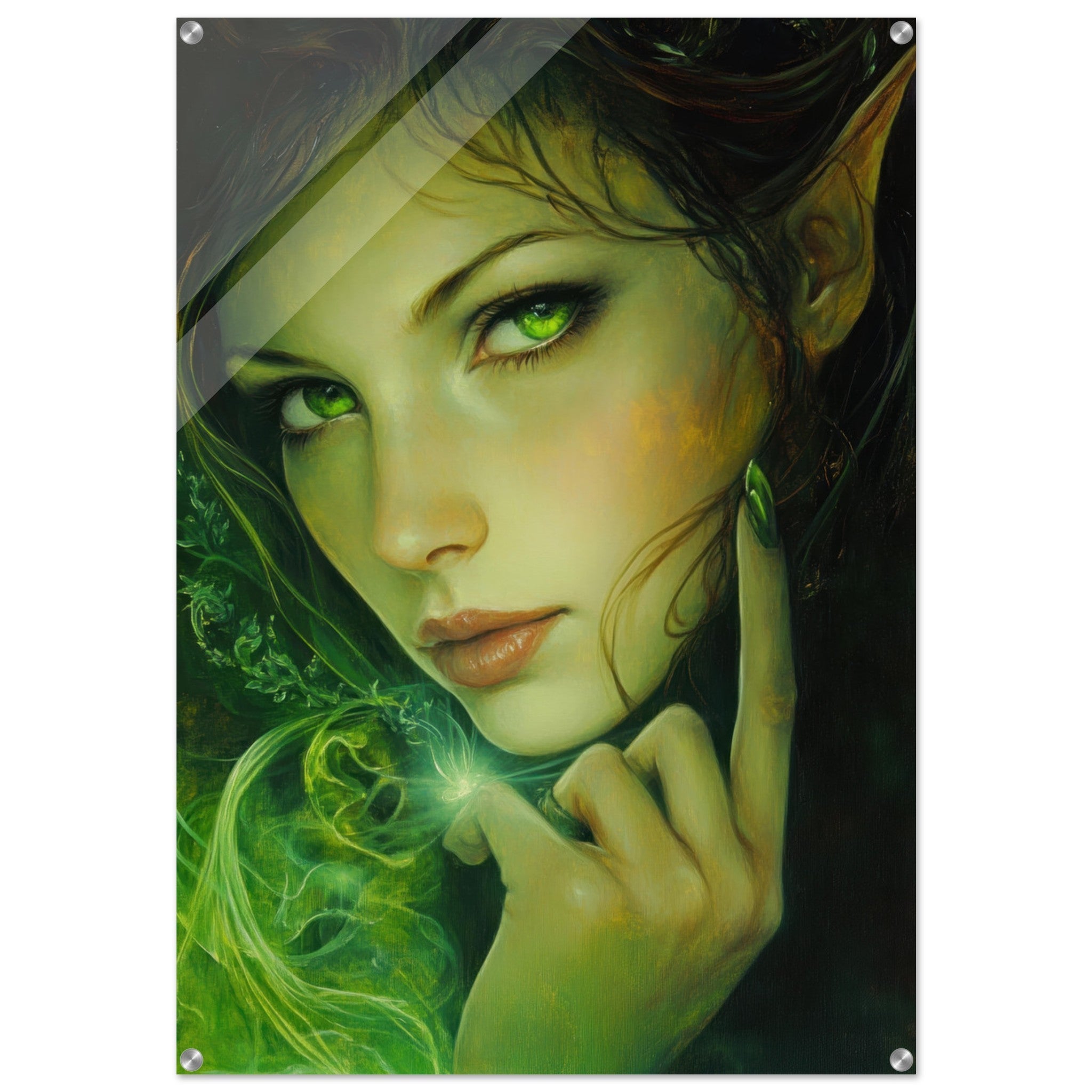 Acrylic Print Portrait - The Fae Sorceress of the Emerald Woods Oil Faint - Shop Ai Art WebShop - Digital Art online Store