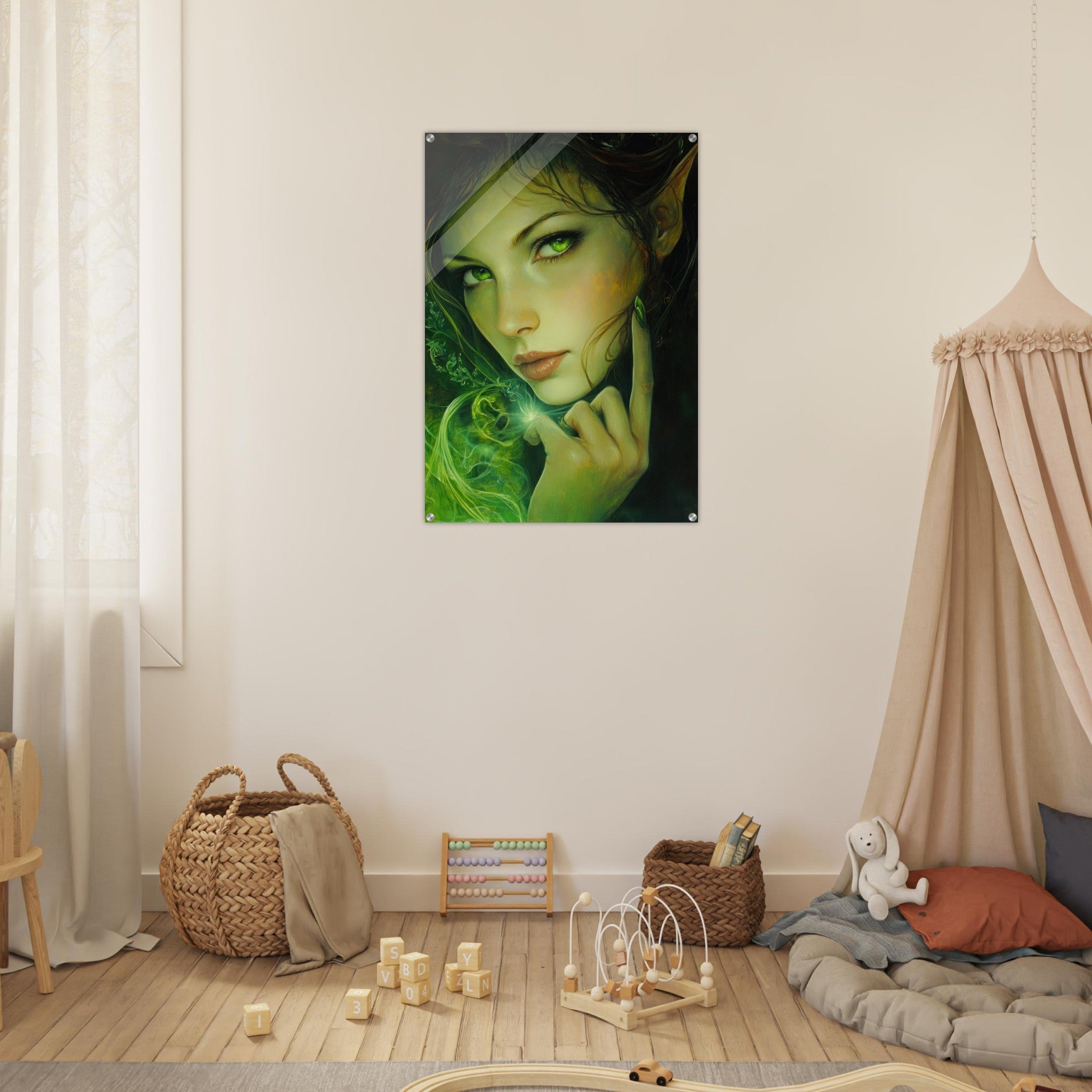 Acrylic Print Portrait - The Fae Sorceress of the Emerald Woods Oil Faint - Shop Ai Art WebShop - Digital Art online Store