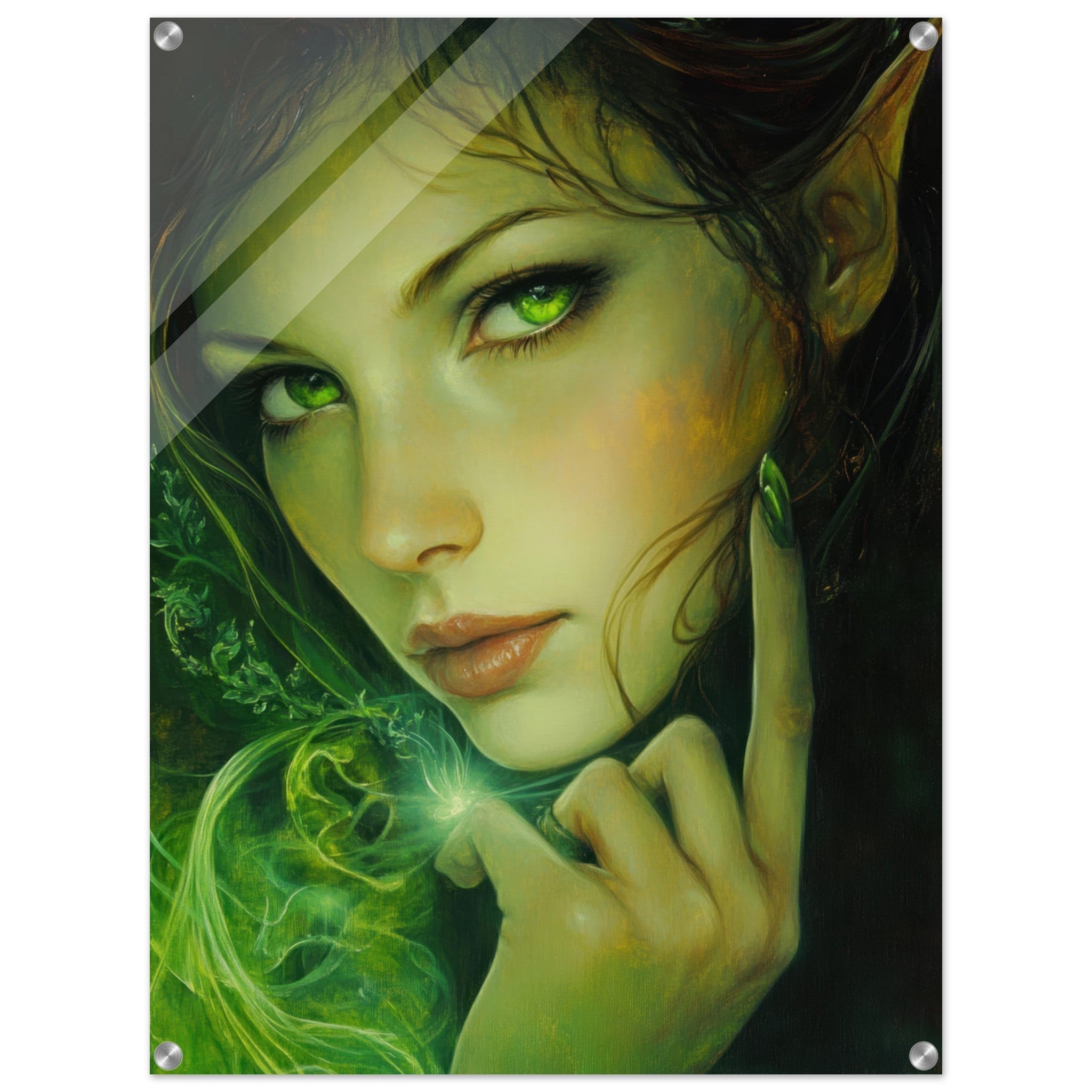 Acrylic Print Portrait - The Fae Sorceress of the Emerald Woods Oil Faint - Shop Ai Art WebShop - Digital Art online Store