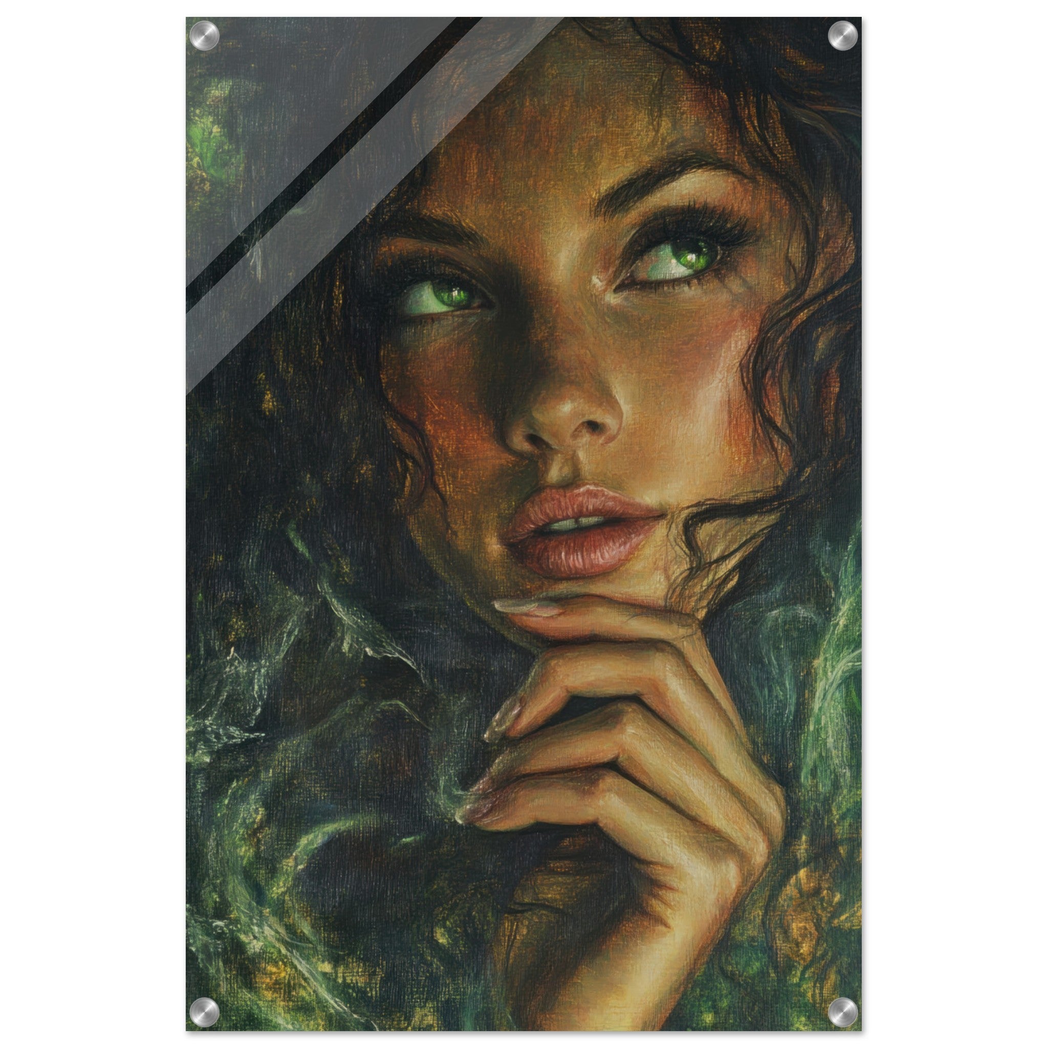Acrylic Print Portrait - The Fae Sorceress of the Emerald Woods Oil Faint 3 - Shop Ai Art WebShop - Digital Art online Store