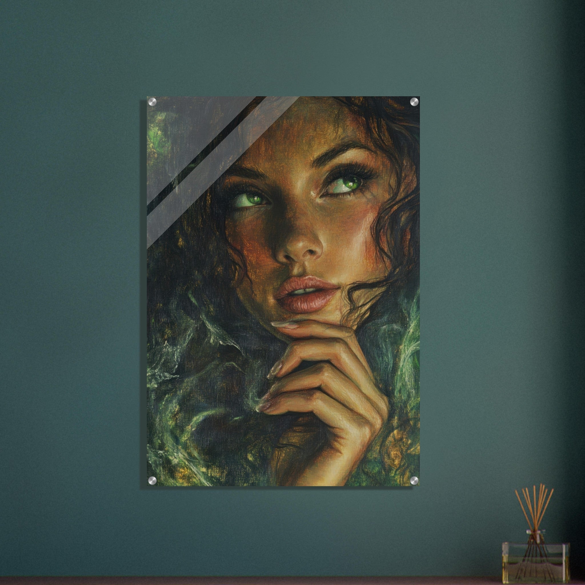 Acrylic Print Portrait - The Fae Sorceress of the Emerald Woods Oil Faint 3 - Shop Ai Art WebShop - Digital Art online Store