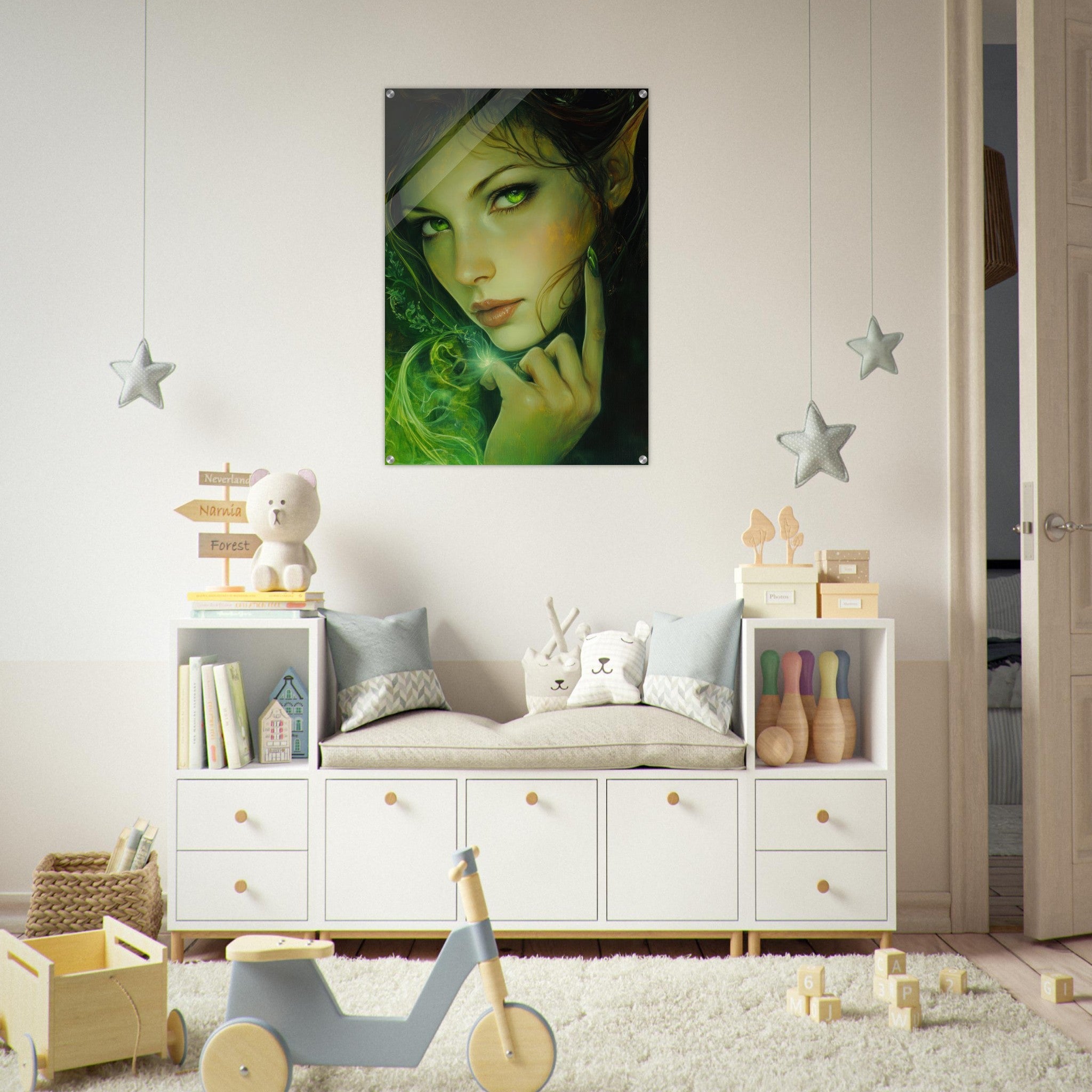 Acrylic Print Portrait - The Fae Sorceress of the Emerald Woods Oil Faint - Shop Ai Art WebShop - Digital Art online Store