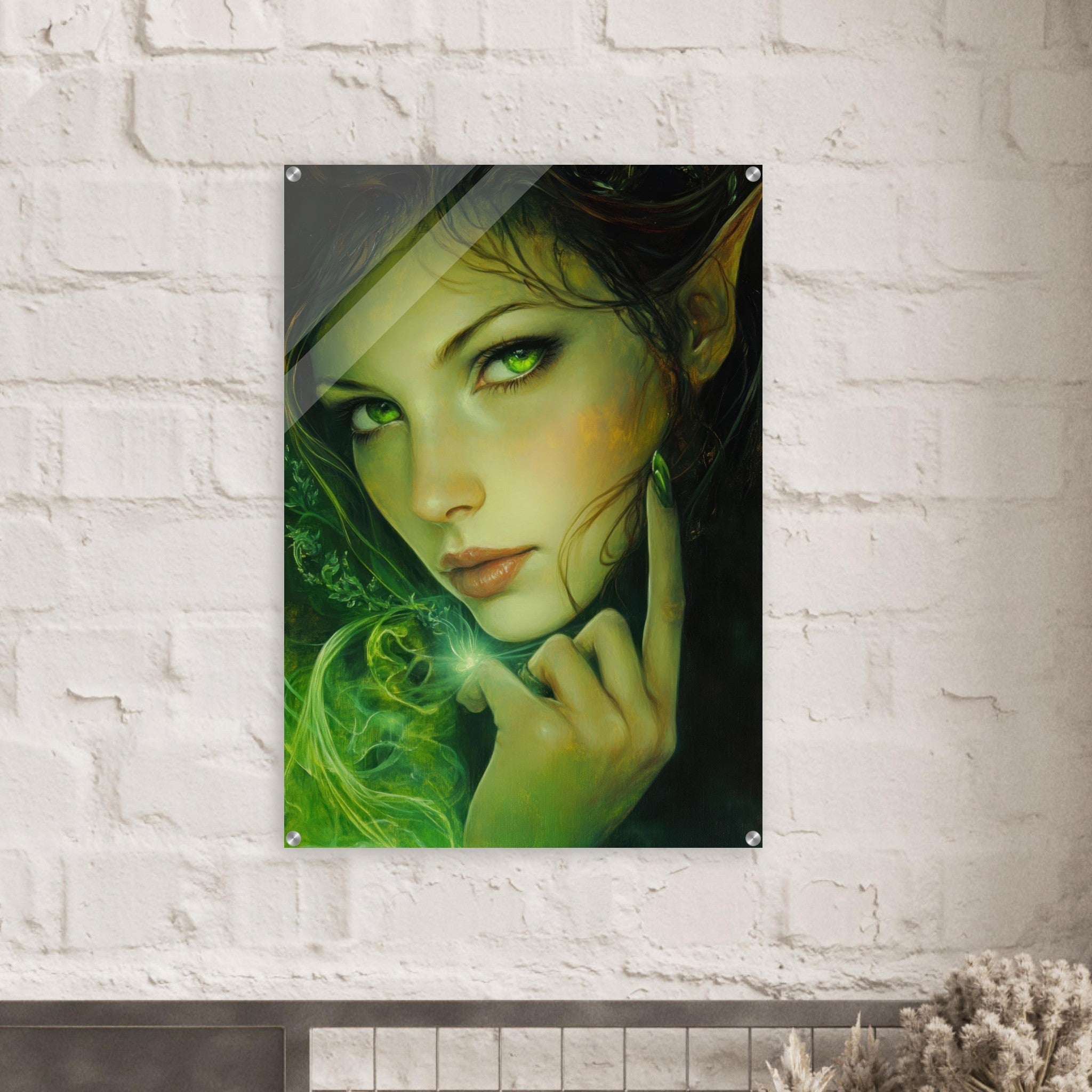Acrylic Print Portrait - The Fae Sorceress of the Emerald Woods Oil Faint - Shop Ai Art WebShop - Digital Art online Store