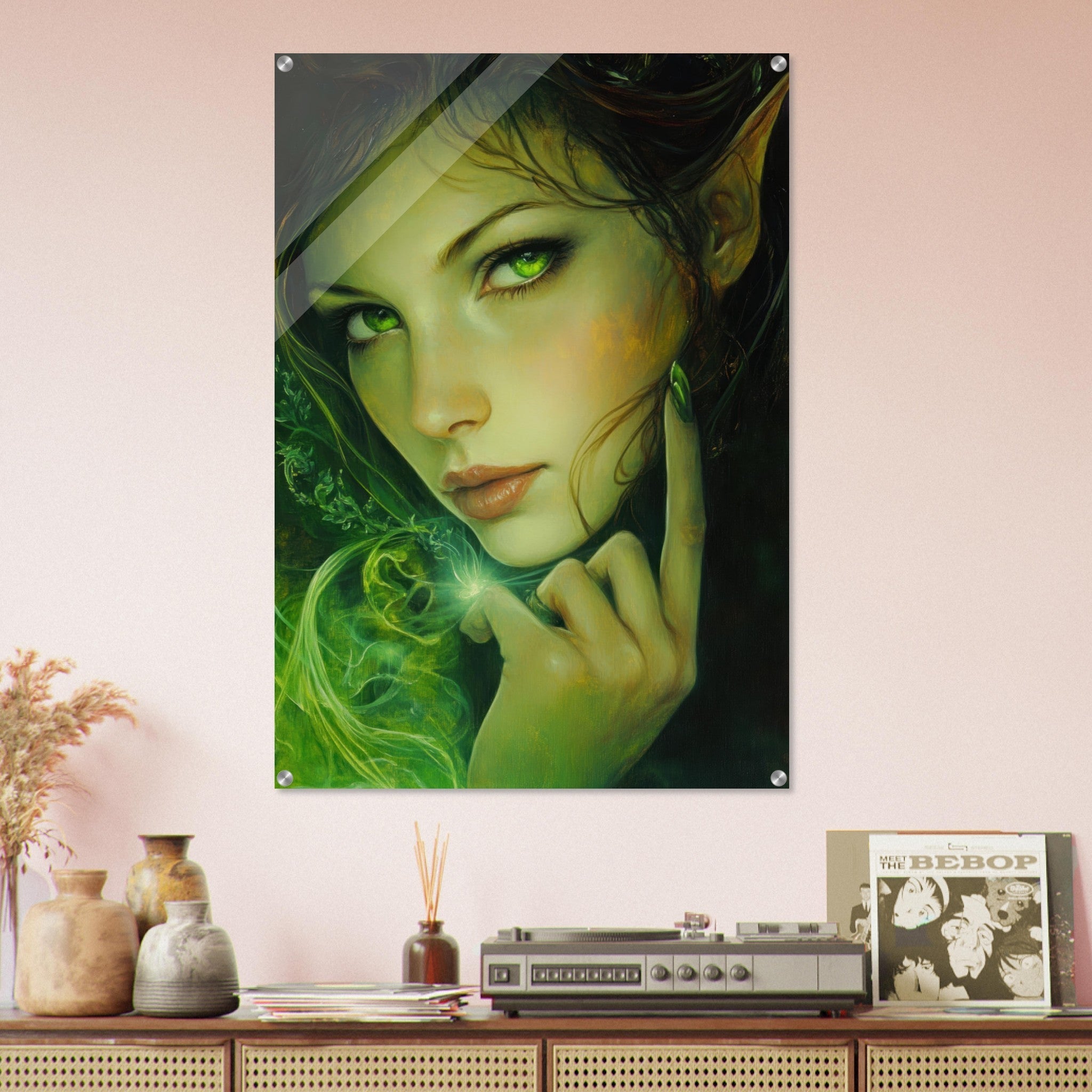 Acrylic Print Portrait - The Fae Sorceress of the Emerald Woods Oil Faint - Shop Ai Art WebShop - Digital Art online Store
