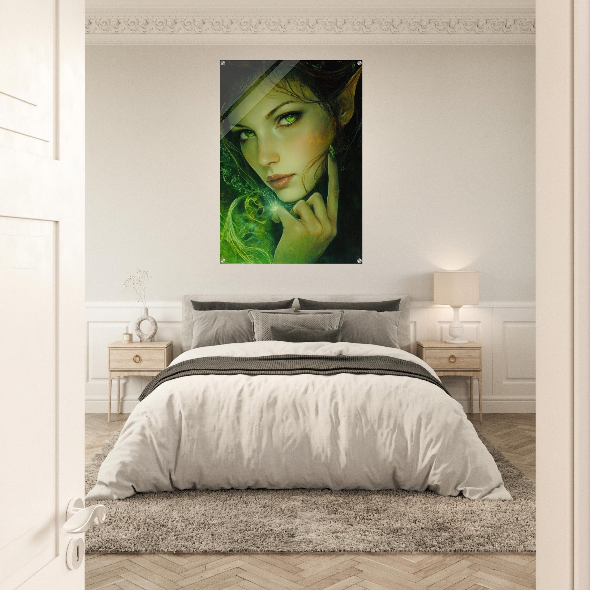 Acrylic Print Portrait - The Fae Sorceress of the Emerald Woods Oil Faint - Shop Ai Art WebShop - Digital Art online Store