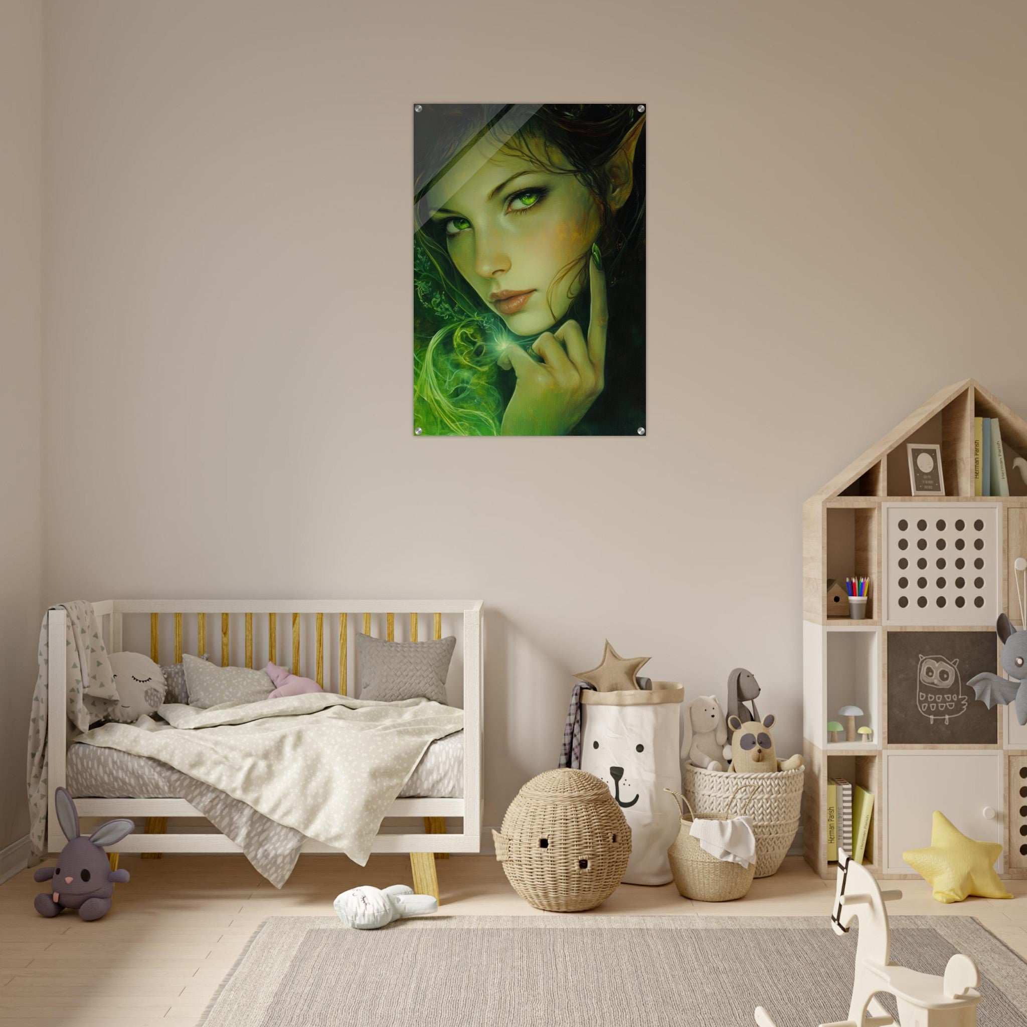 Acrylic Print Portrait - The Fae Sorceress of the Emerald Woods Oil Faint - Shop Ai Art WebShop - Digital Art online Store