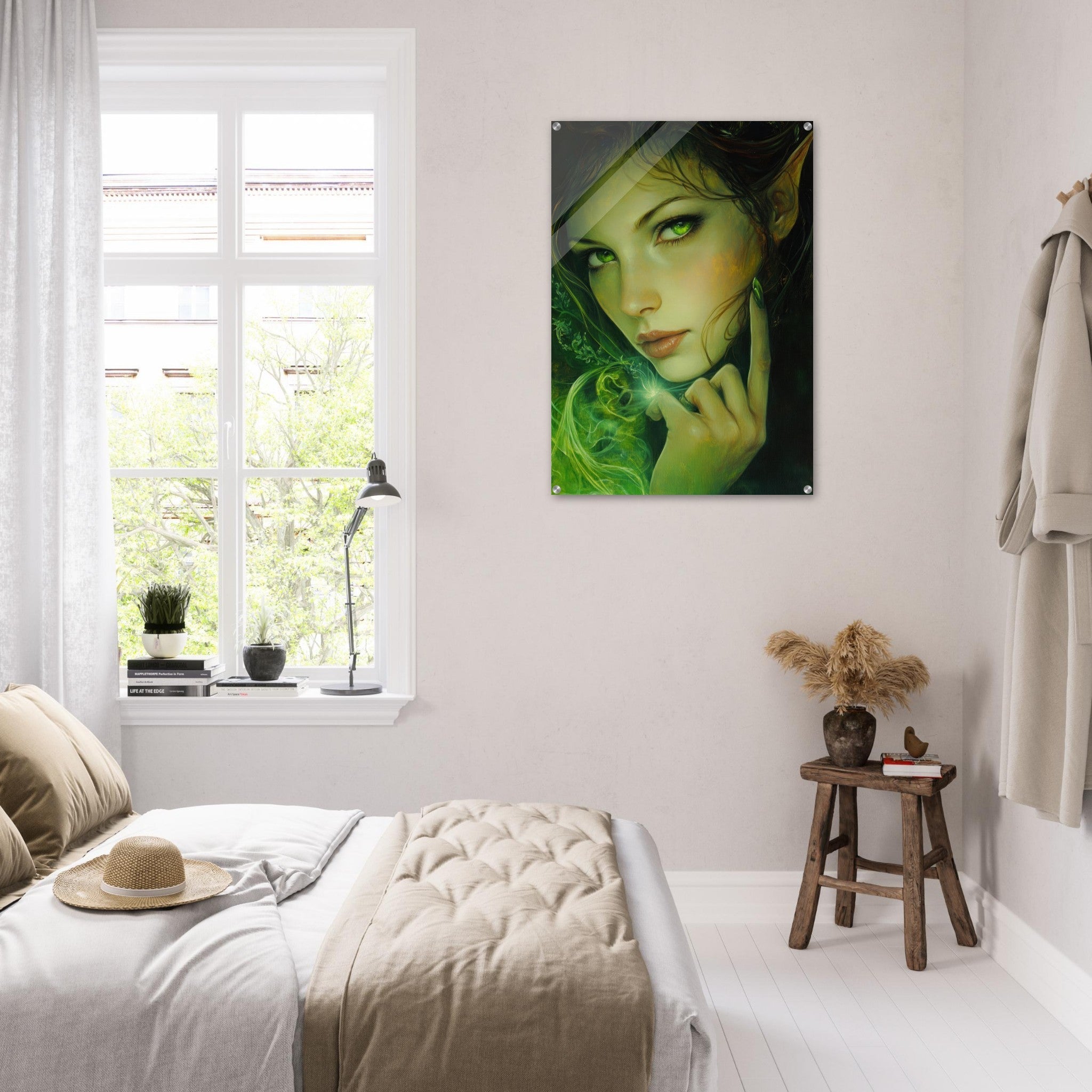 Acrylic Print Portrait - The Fae Sorceress of the Emerald Woods Oil Faint - Shop Ai Art WebShop - Digital Art online Store
