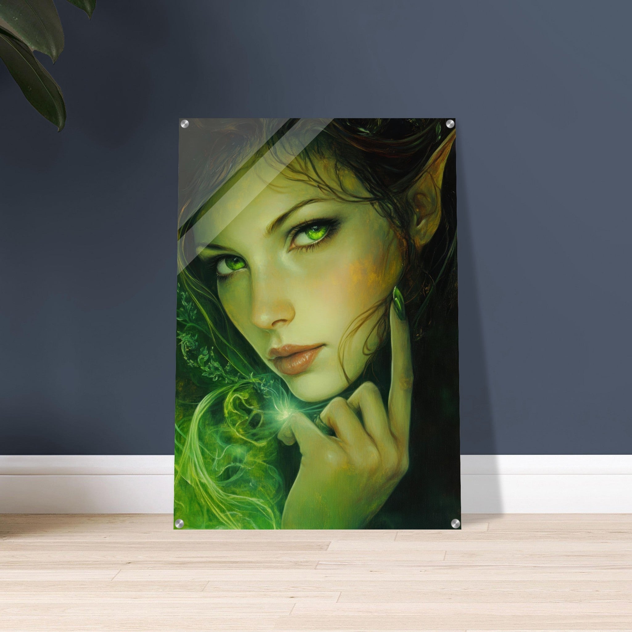Acrylic Print Portrait - The Fae Sorceress of the Emerald Woods Oil Faint - Shop Ai Art WebShop - Digital Art online Store