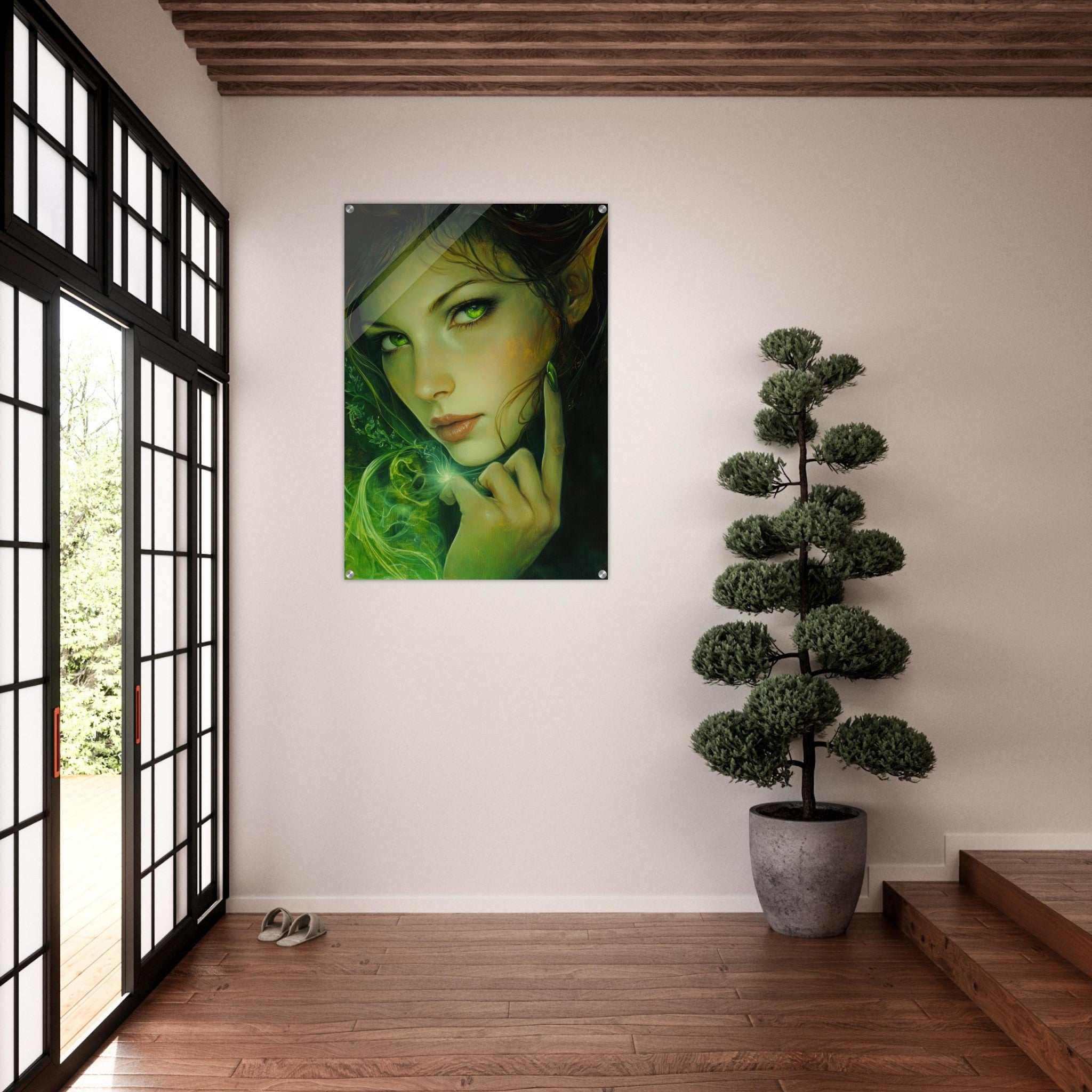 Acrylic Print Portrait - The Fae Sorceress of the Emerald Woods Oil Faint - Shop Ai Art WebShop - Digital Art online Store