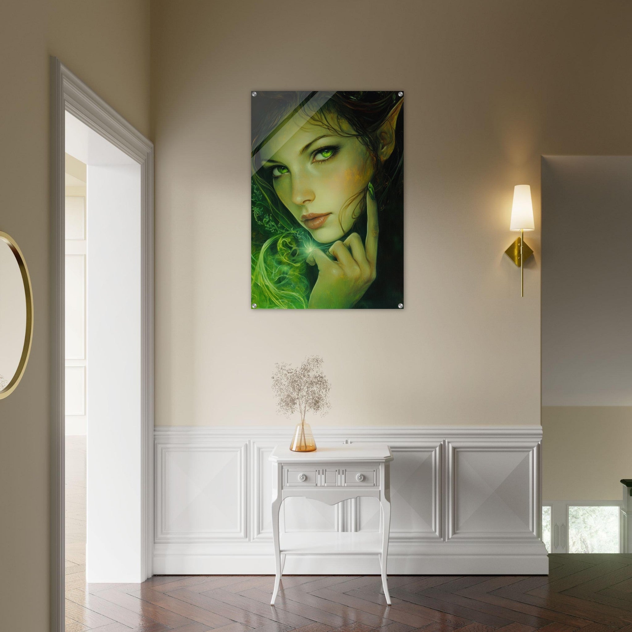 Acrylic Print Portrait - The Fae Sorceress of the Emerald Woods Oil Faint - Shop Ai Art WebShop - Digital Art online Store