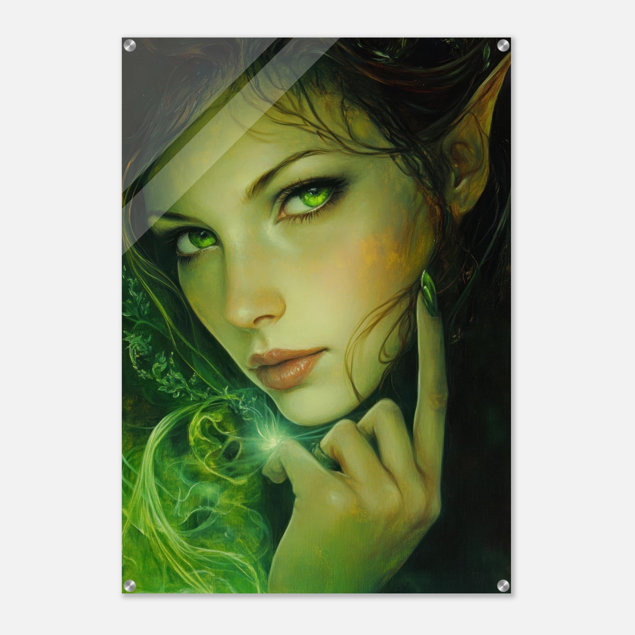 Acrylic Print Portrait - The Fae Sorceress of the Emerald Woods Oil Faint - Shop Ai Art WebShop - Digital Art online Store