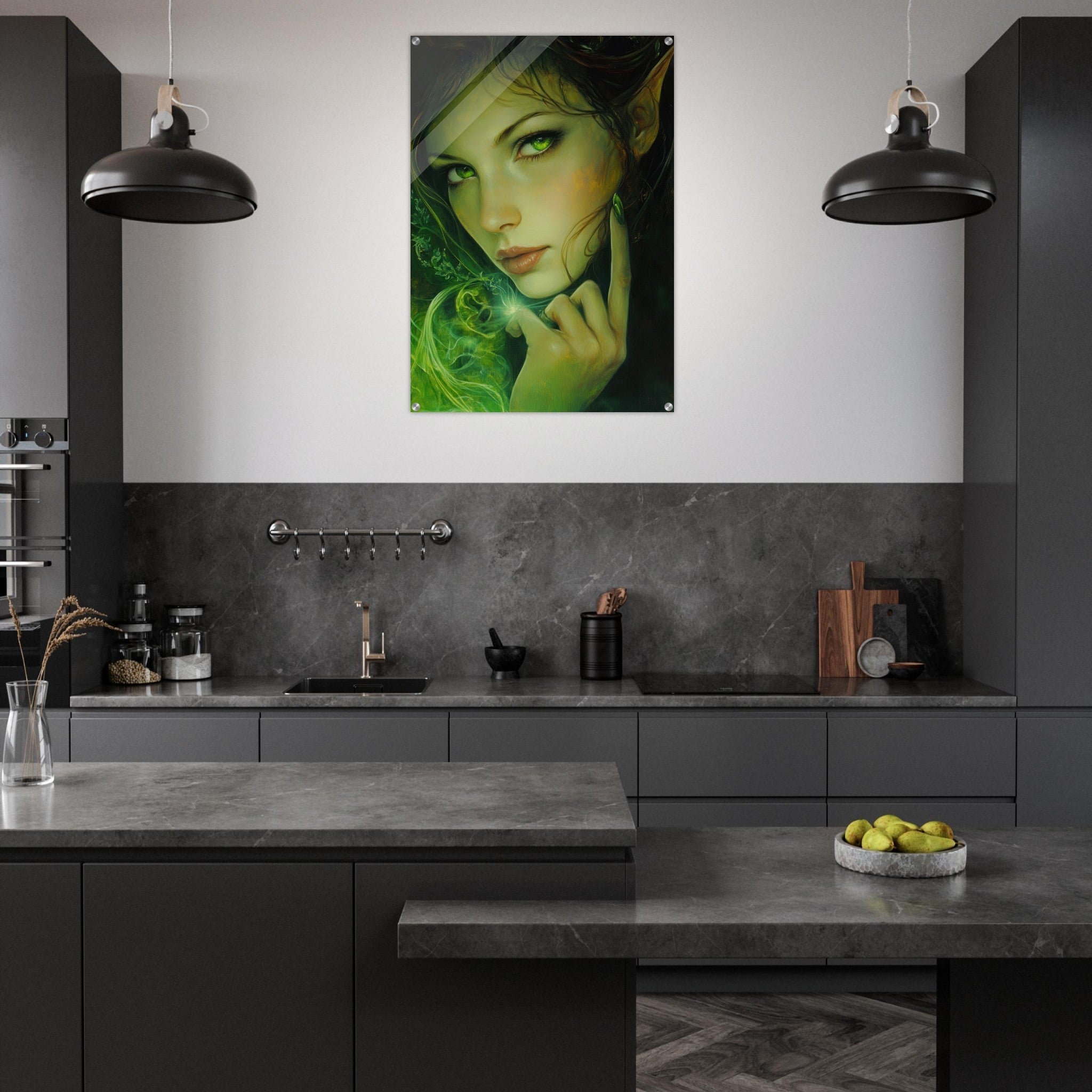 Acrylic Print Portrait - The Fae Sorceress of the Emerald Woods Oil Faint - Shop Ai Art WebShop - Digital Art online Store