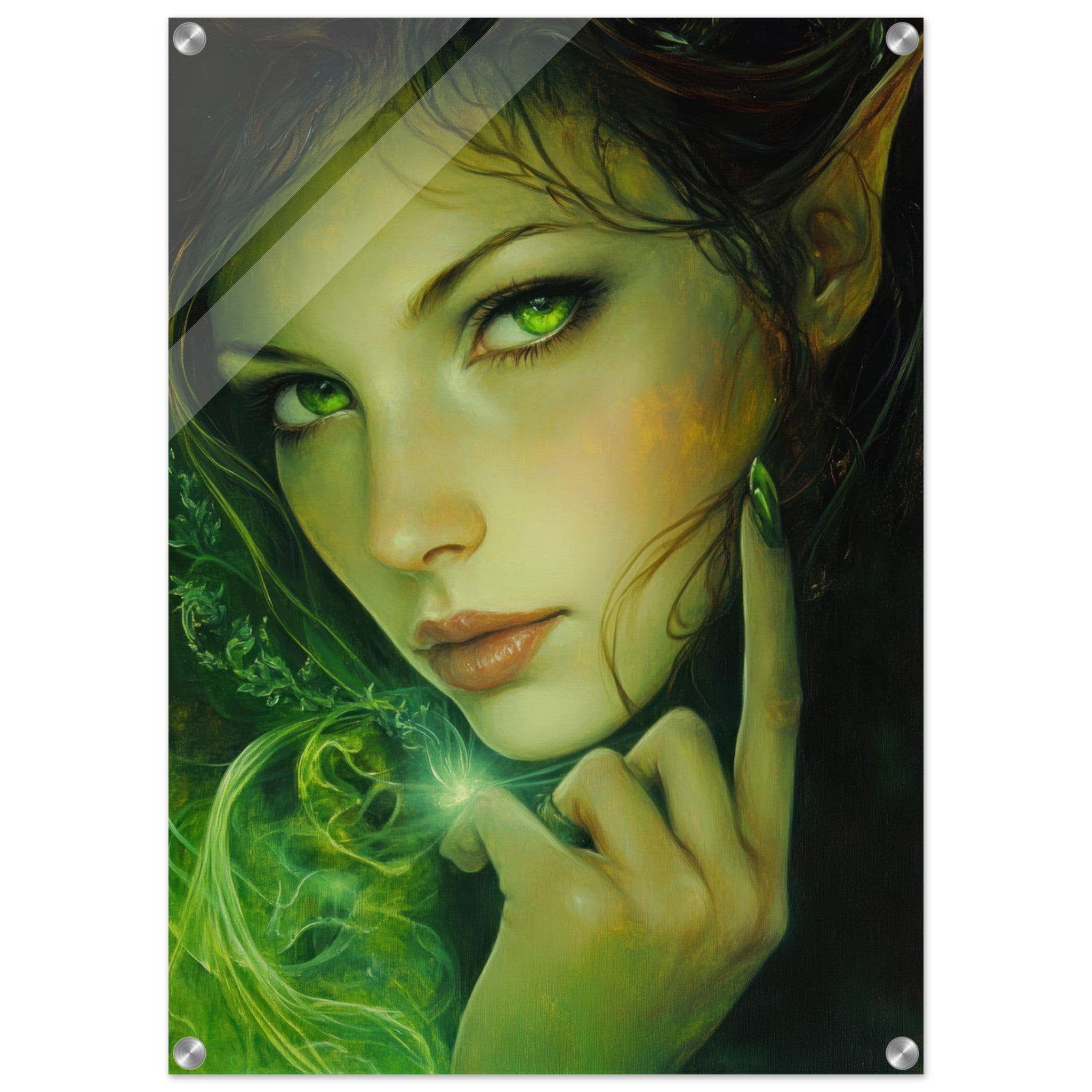 Acrylic Print Portrait - The Fae Sorceress of the Emerald Woods Oil Faint - Shop Ai Art WebShop - Digital Art online Store