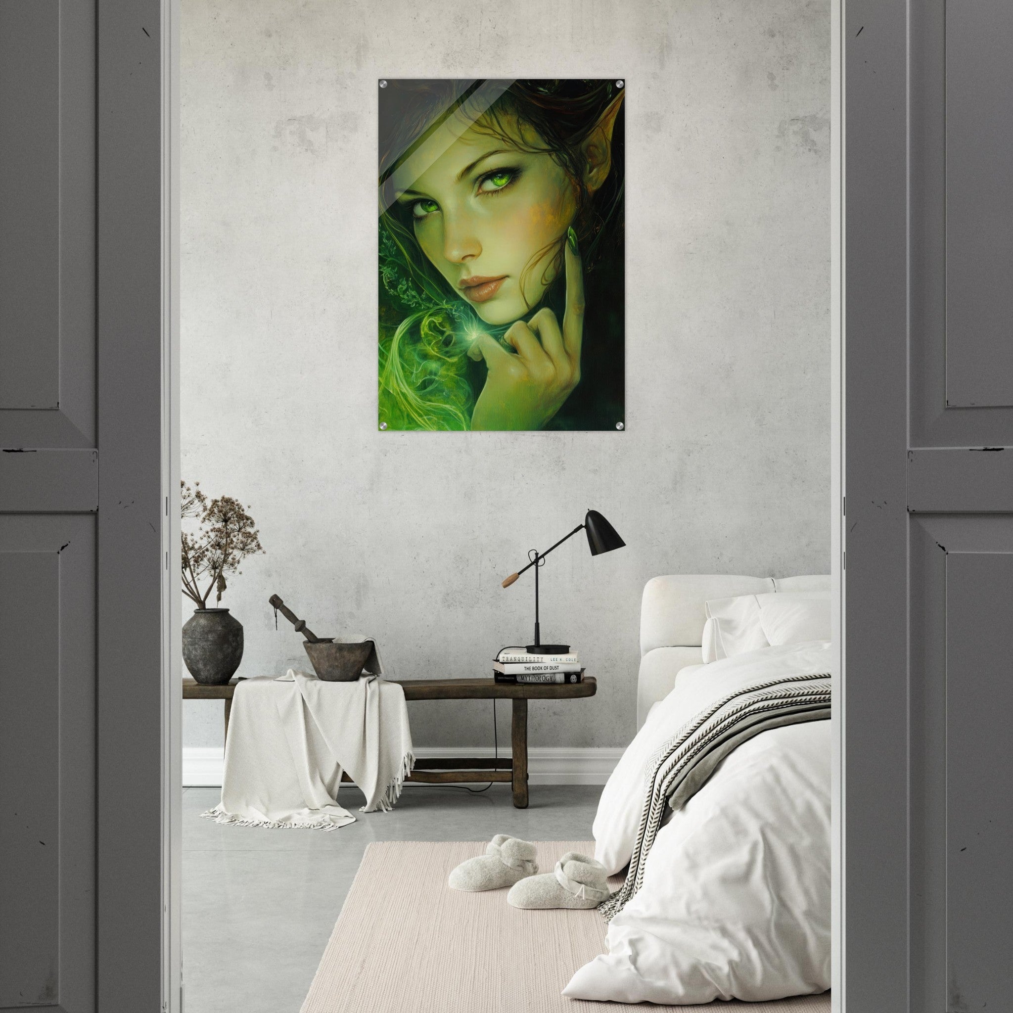 Acrylic Print Portrait - The Fae Sorceress of the Emerald Woods Oil Faint - Shop Ai Art WebShop - Digital Art online Store