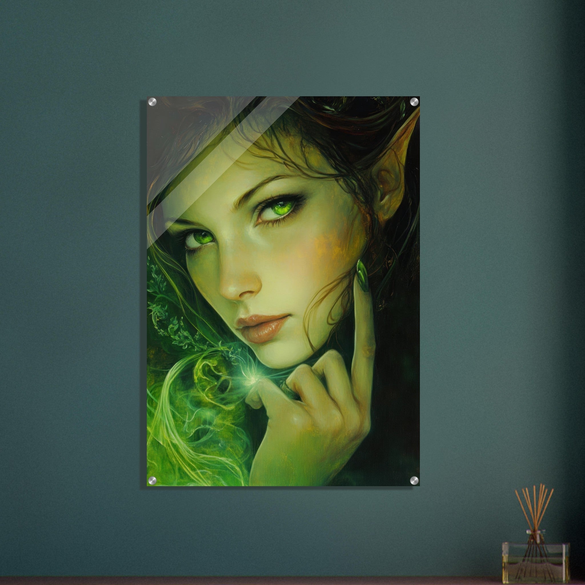 Acrylic Print Portrait - The Fae Sorceress of the Emerald Woods Oil Faint - Shop Ai Art WebShop - Digital Art online Store