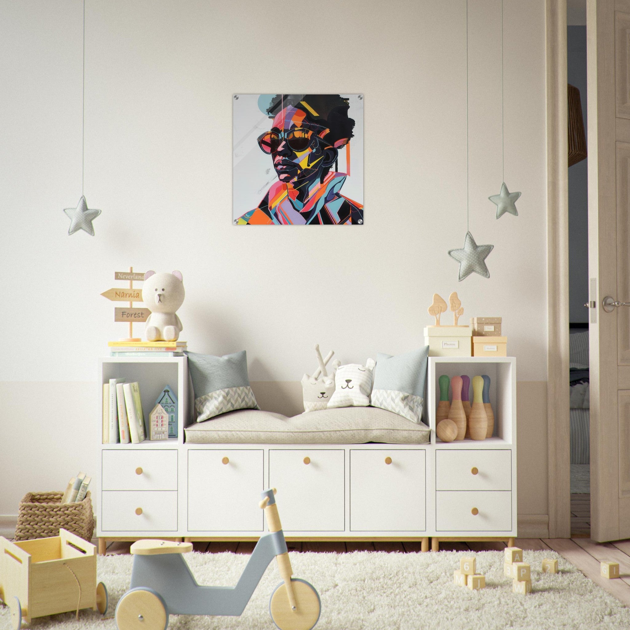 Acrylic Print Square - Afrofuturism swedish sharkansas in abstract styl 3 - Shop Ai Art WebShop - Digital Art online Store