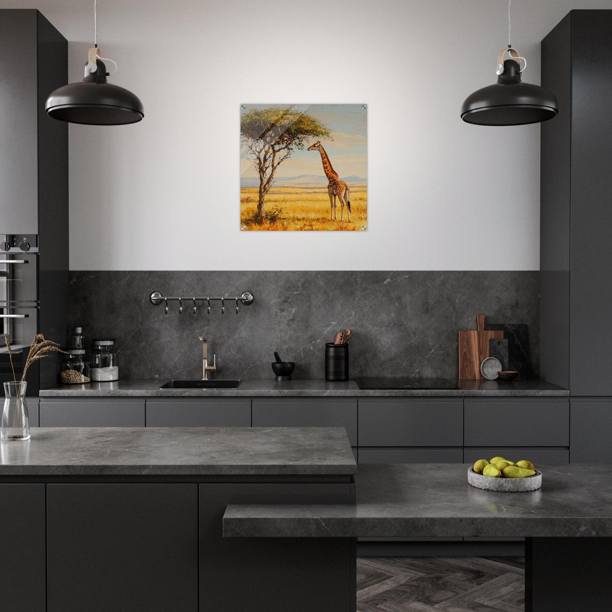 Acrylic Print Square - Giraffe Grazing in the Savannah - Shop Ai Art WebShop - Digital Art online Store