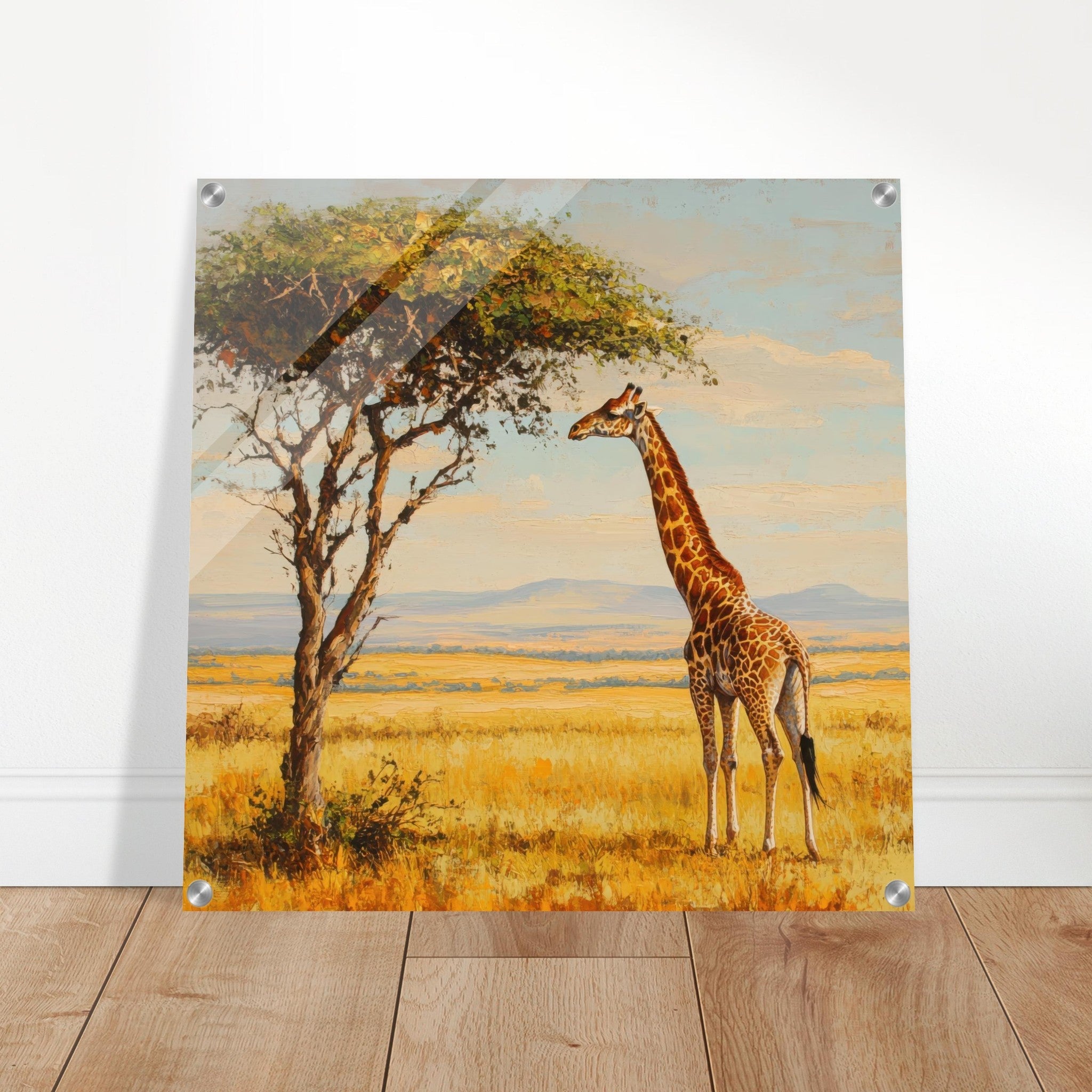 Acrylic Print Square - Giraffe Grazing in the Savannah - Shop Ai Art WebShop - Digital Art online Store