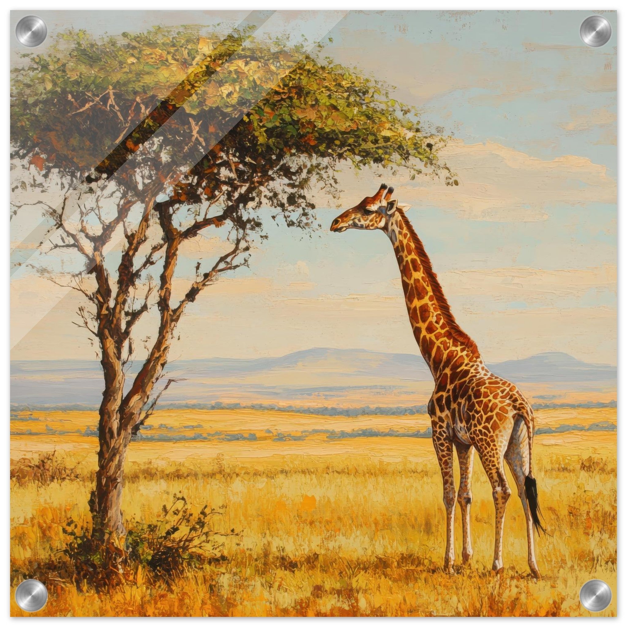 Acrylic Print Square - Giraffe Grazing in the Savannah - Shop Ai Art WebShop - Digital Art online Store