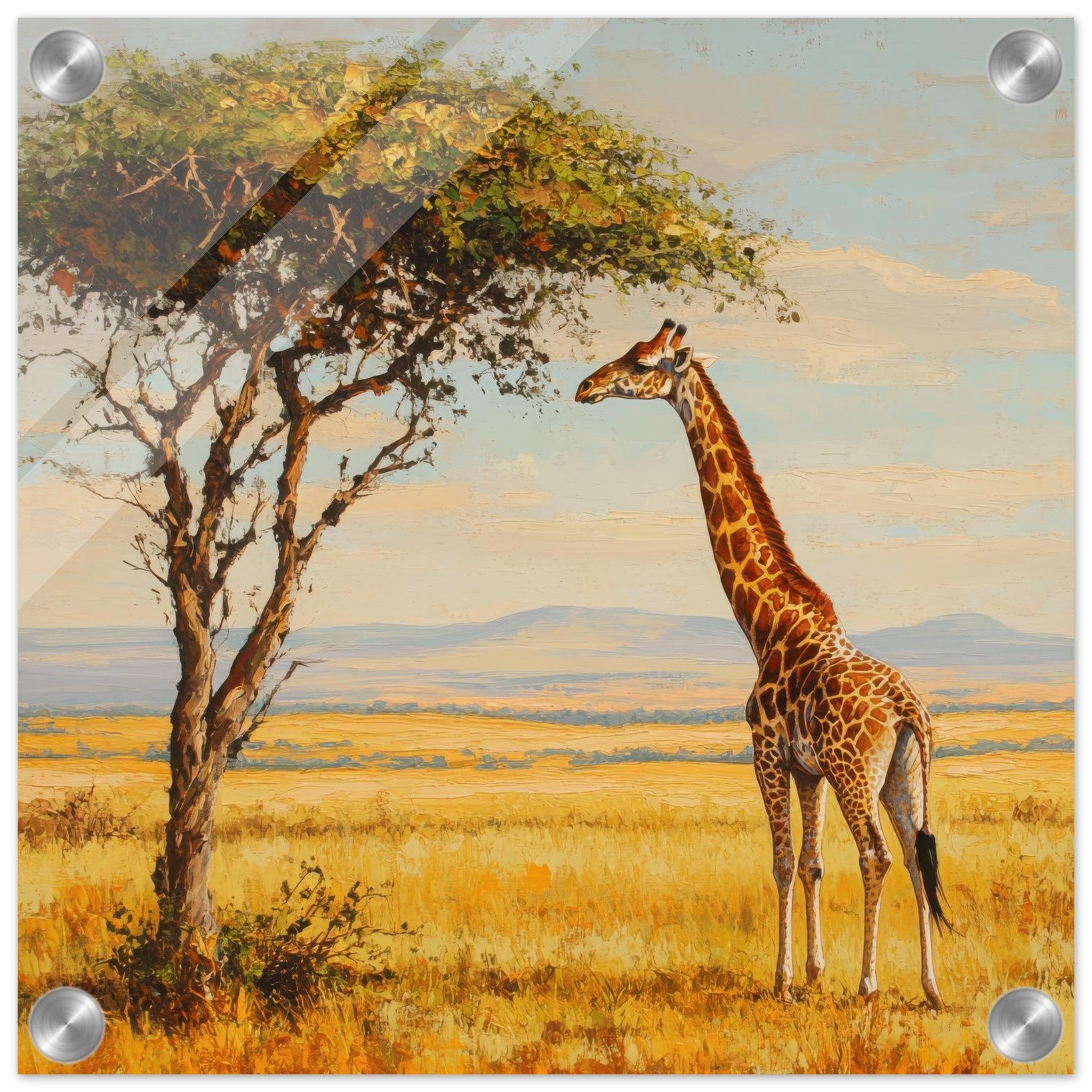 Acrylic Print Square - Giraffe Grazing in the Savannah - Shop Ai Art WebShop - Digital Art online Store