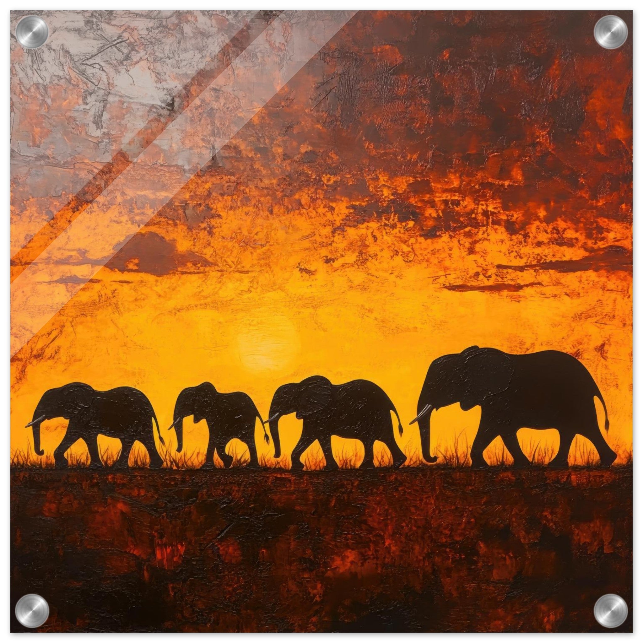 Acrylic Print Square - Herd of Elephants at Sunset 1 - Shop Ai Art WebShop - Digital Art online Store