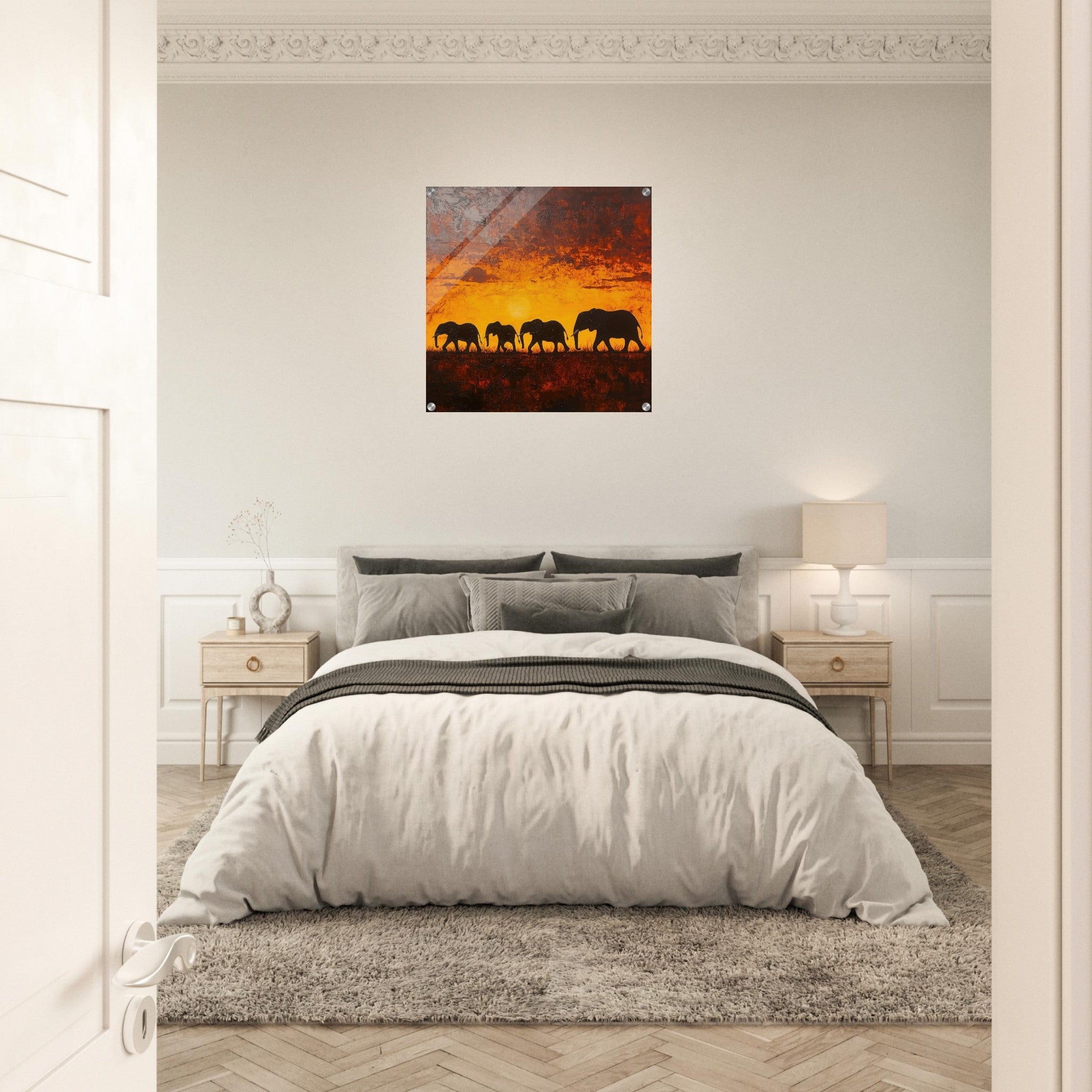 Acrylic Print Square - Herd of Elephants at Sunset 1 - Shop Ai Art WebShop - Digital Art online Store