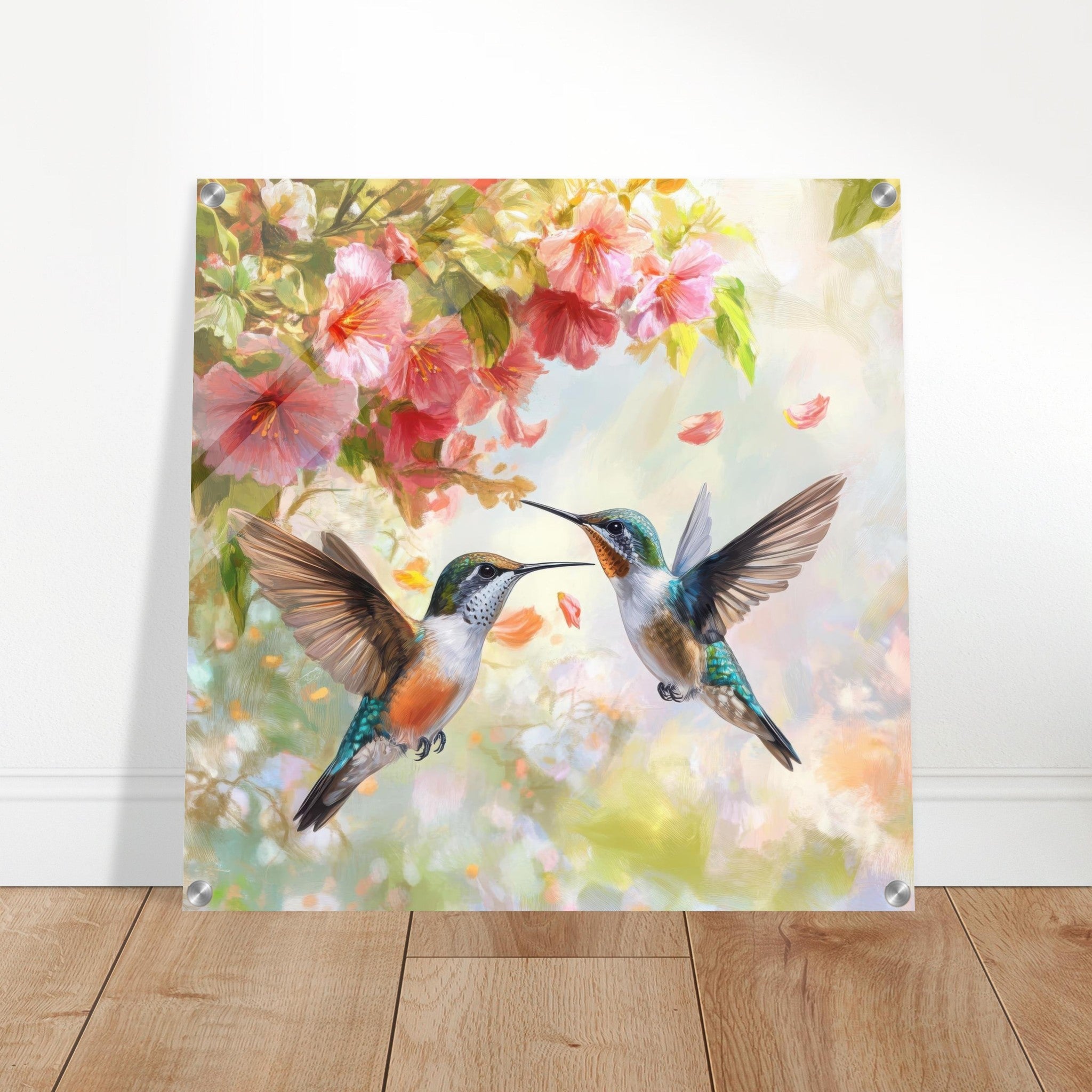 Acrylic Print Square - Hummingbirds Feeding on Flowers 1 - Shop Ai Art WebShop - Digital Art online Store